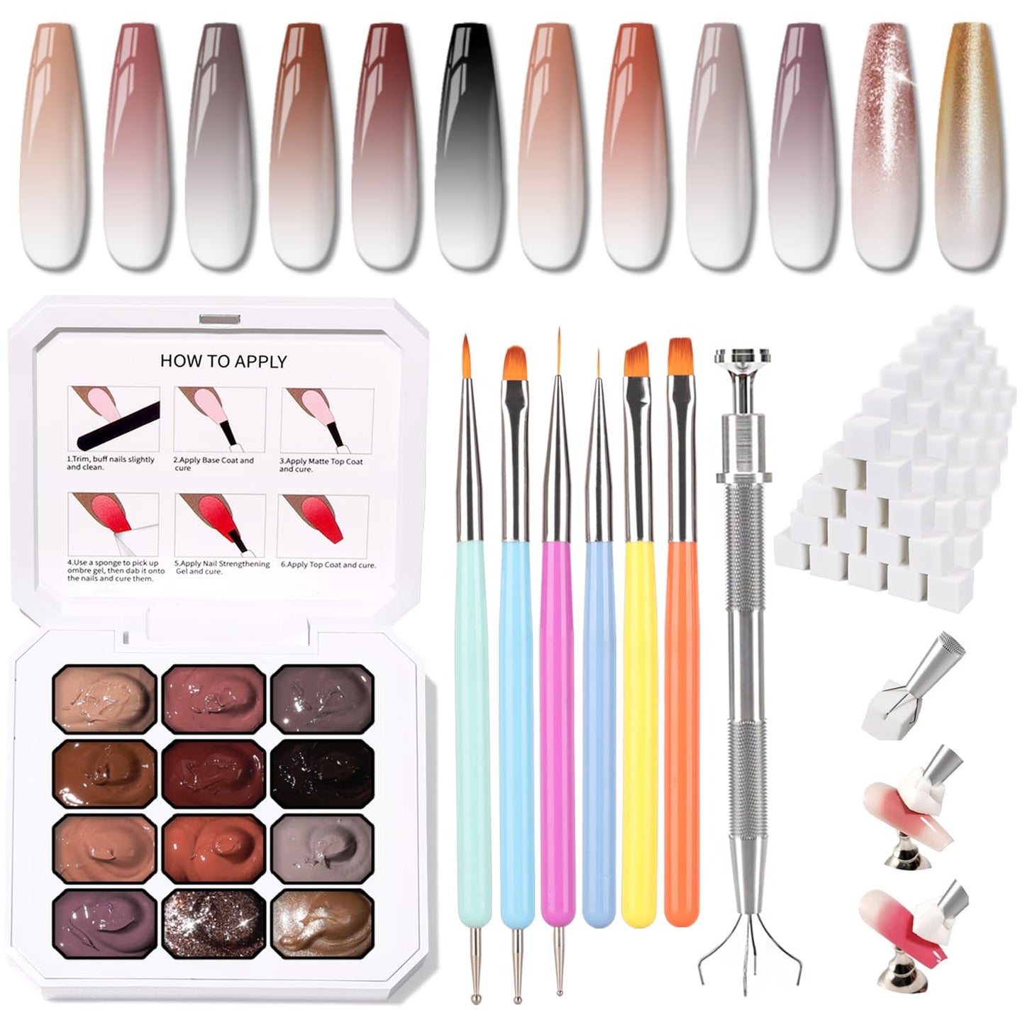 Sponge Pat Paint Nail Gel, Ombre Nails Gradient Gel Nail Blush Blooming Aura Nails Drawing Stripper Floral Painting DIY Nail Art, No Wipe, UV/LED Curing (12 Colors J)