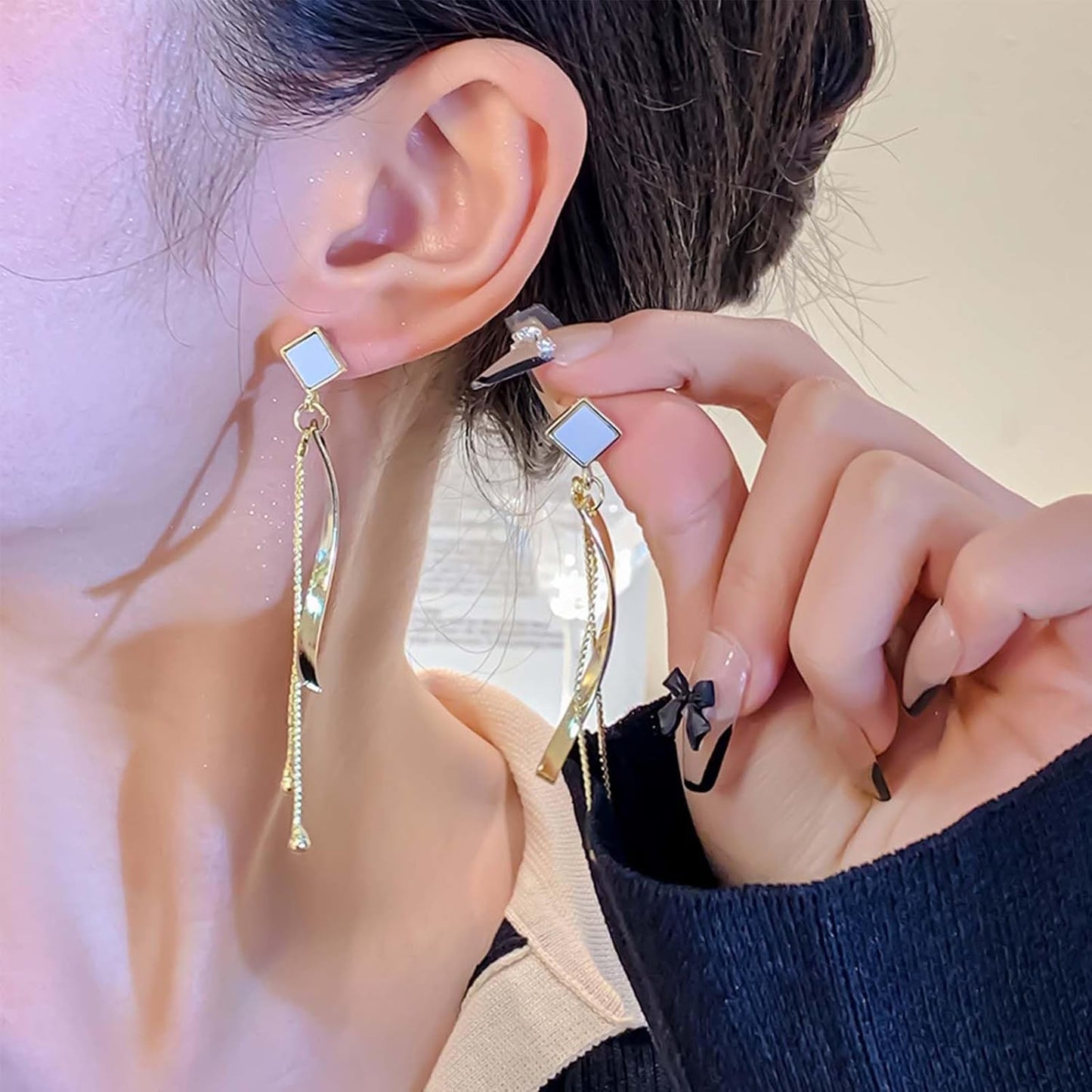 Boho Long Tassel Drop Dangle Earrings Square Studs Vintage Gold Spiral Bar Drop Earrings Long Bead Chain Dangle Earrings Statement Wedding Prom Tassel Earrings Jewelry for Women