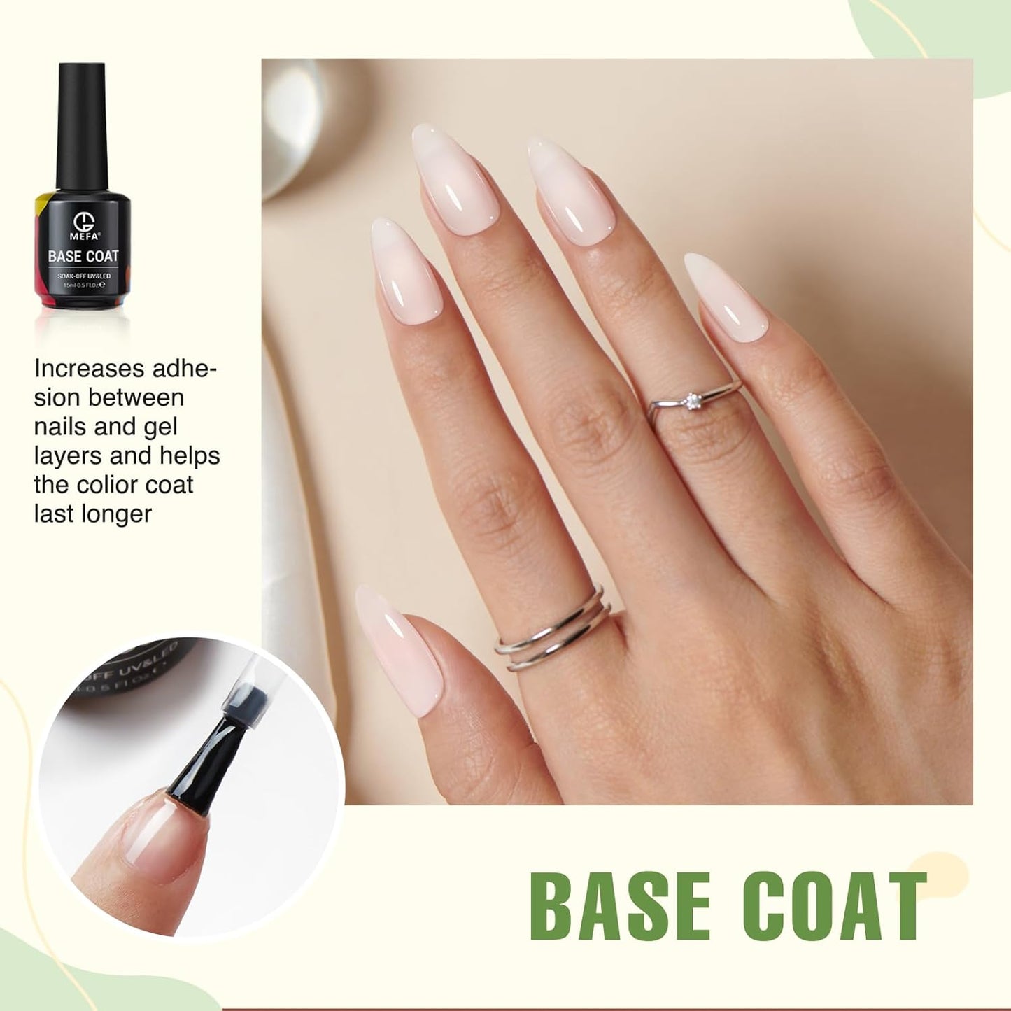 MEFA 2 Pcs 15ml Gel Top Coat and Base Coat Set, No Wipe Gel Nail Polish Base and Top Coat, Long Lasting Glossy Shine Effect Soak Off LED Nail Lamp Top Base Coat Nail Art DIY Manicure Holiday Gifts