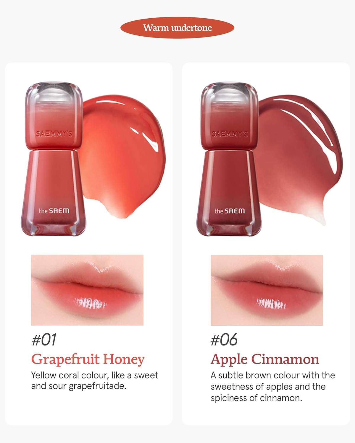 THESAEM Saemmy's Ade Shot Tint (01, 06) - Korean Lip Titnt, Water Gel Lip Stain with Plump Glowy Moisturizing Finish, Buildable Radiant Gloss, Long-Lasting Comfort, 0.1 fl.oz.