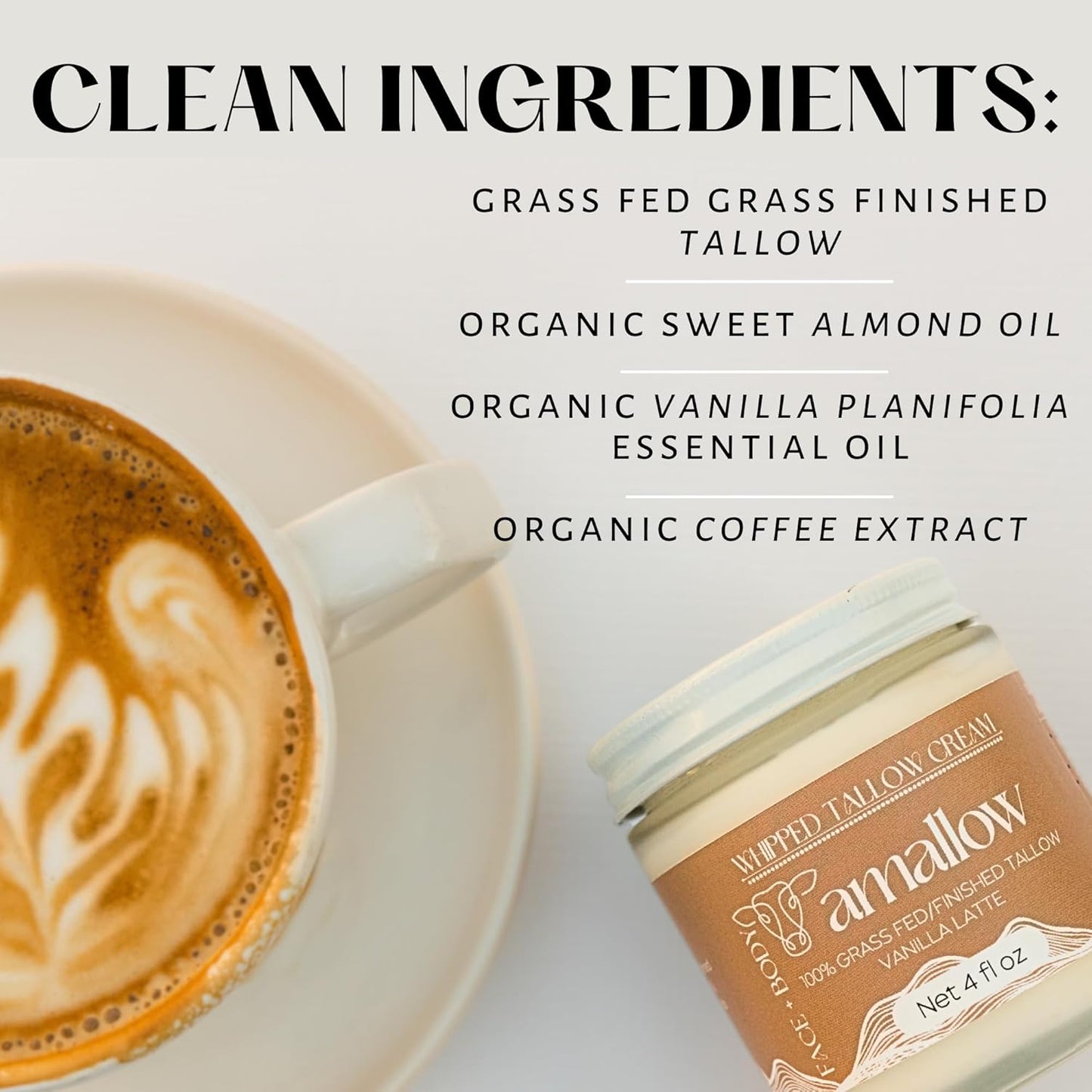 Amallow 100% Grass Fed Beef Tallow for Skin Care - Face + Body - Whipped Moisturizer - Natural Lotion, 4 FL. oz. (Vanilla Latte)