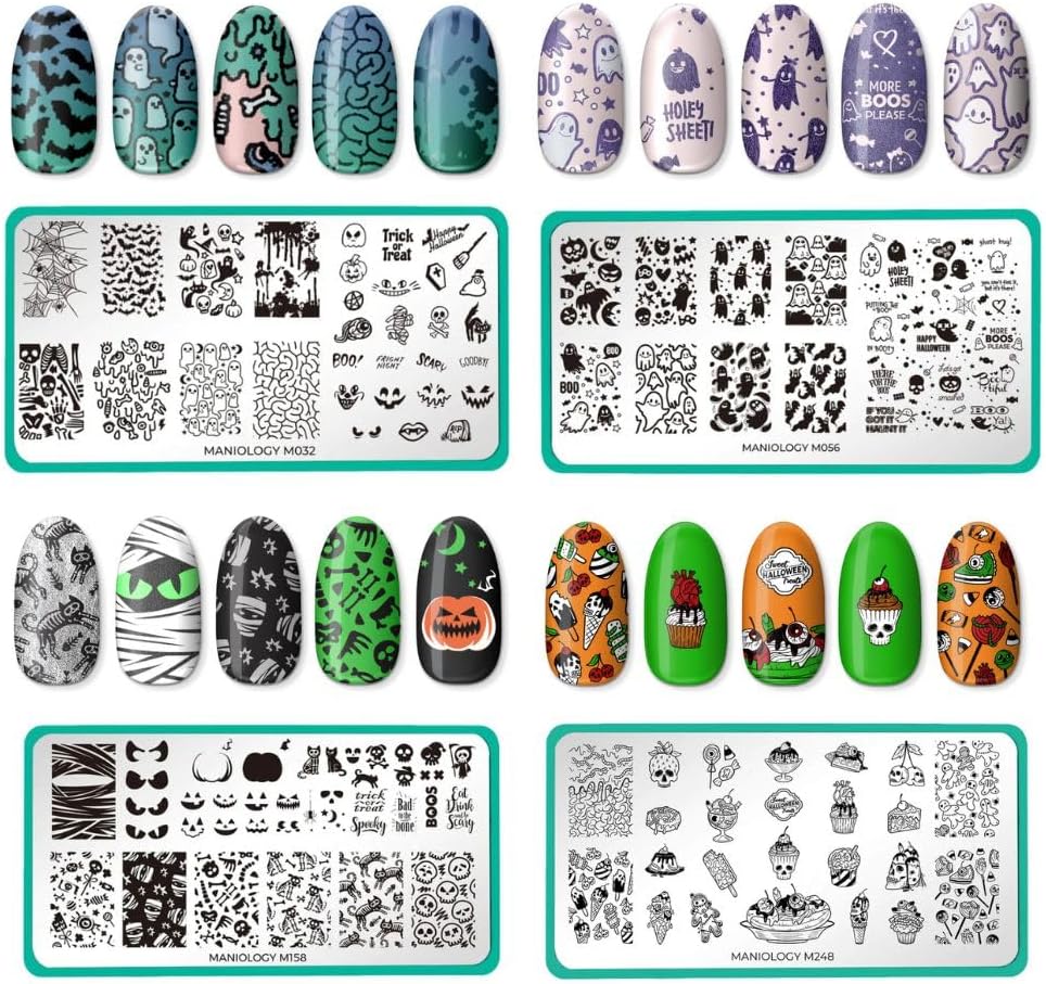 Maniology Creepy Cute Nail Stamping Plate Set, Halloween Plates Bundle (Fright Night (M032), Ghosted (M056), Bad to The Bone (M158), Halloween Treats (M248))