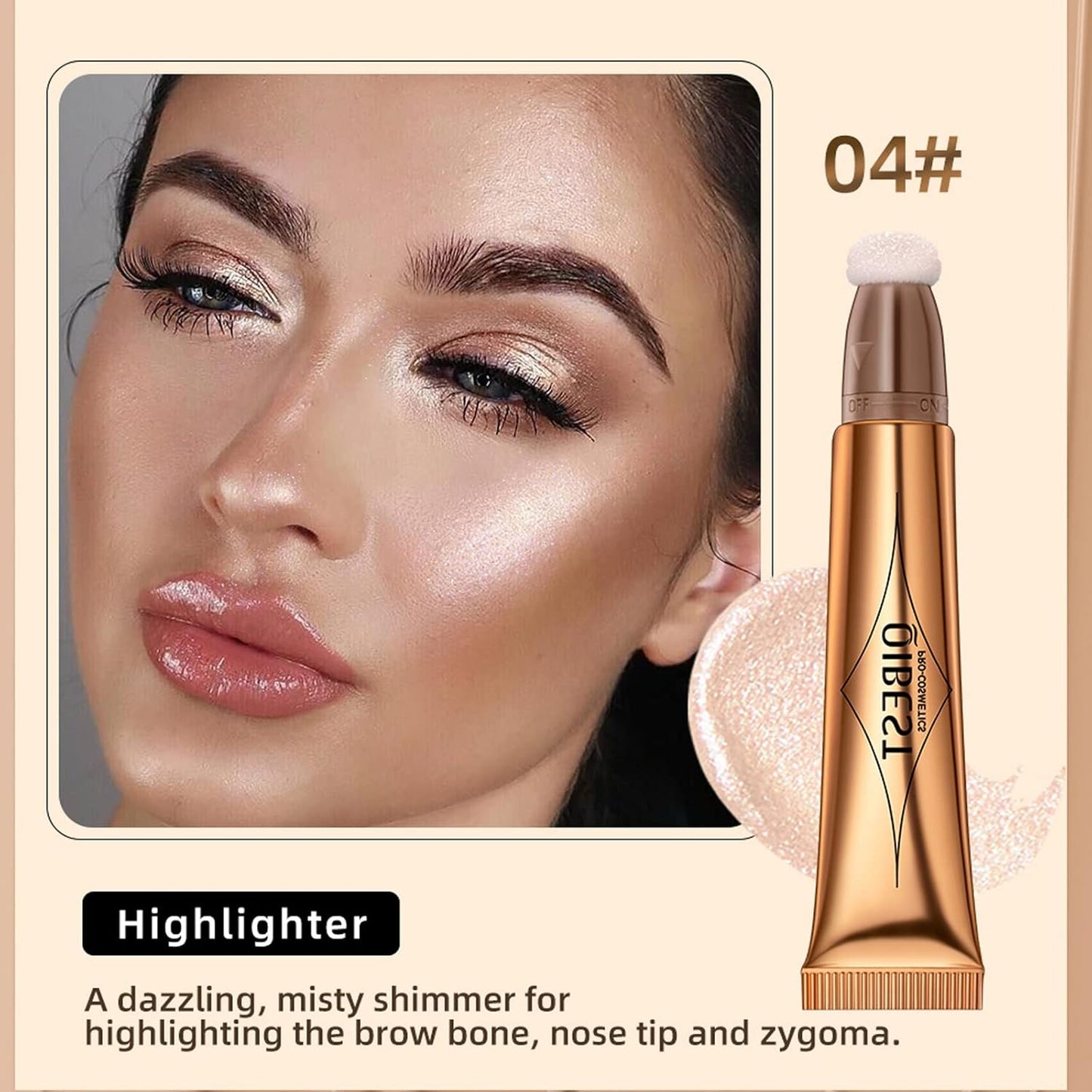 Highlighter Beauty Wand, Cream Liquid Highlighter Makeup Stick, Silky Smooth Face Shimmer Bronzer Stick with Cushion Applicator, Lightweight Body Face Glowing Highlighter, Cruelty-free（Pearl White）