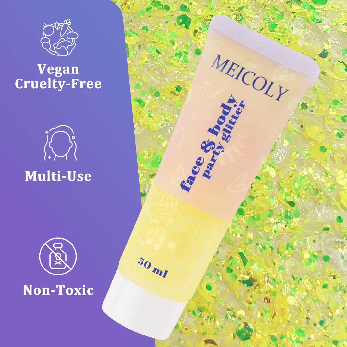 MEICOLY Chameleon Yellow Body Glitter,Chunky Face Glitter for Halloween,Color Changing Mermaid Glitter Face Paint,Holographic Glitter Sequin for Face Body Hair,Festival Party Cheer Glitter Makeup,50ml