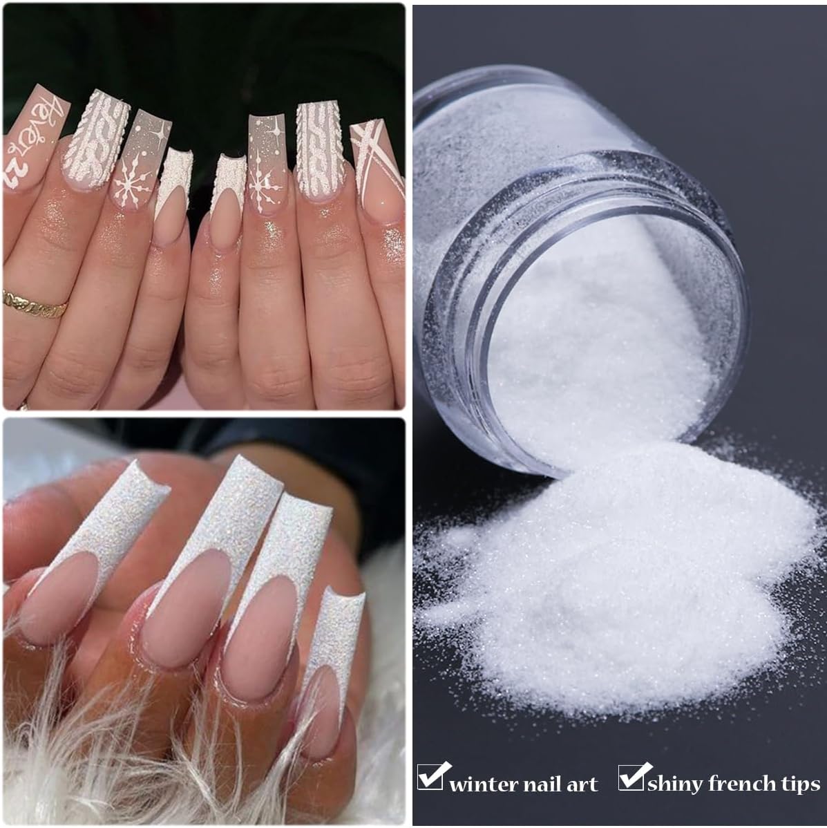 Black White Nail Glitter Powder, 6 Jars Extra Fine Sugar Glitter for Nails, French Tips Dipping Powder, Sugar Sand Coating Effect Sweater Knit Nail Design, Winter Nail Decoration Supplies