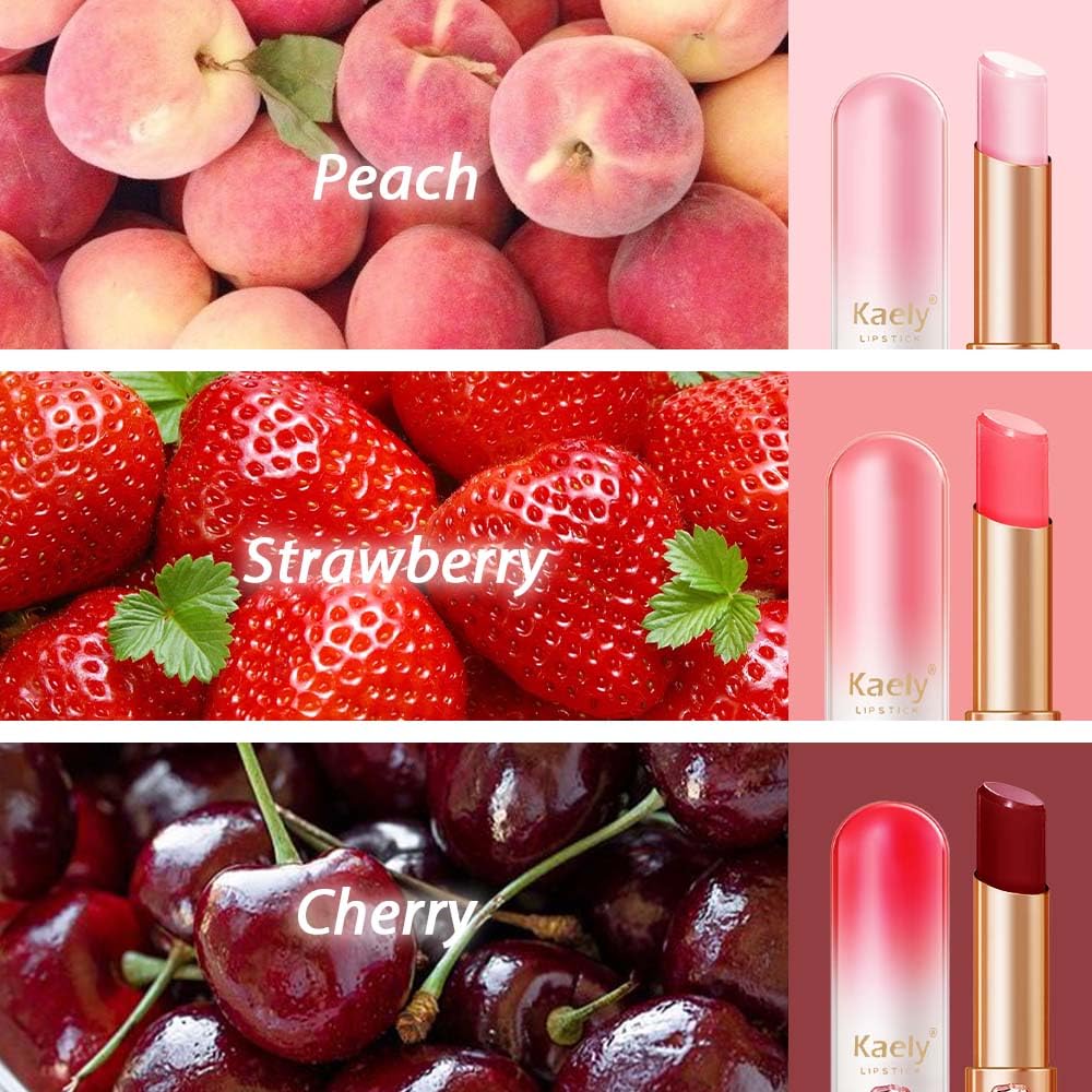 evpct 3Pcs Magic Color Changing Lipstick Long Lasting Waterproof 24 Hours Original for Women, Peach Strawberry Black Red Cherry Pink PH Mood Permanent Color Changing Lipstick Lip Balm, labial magico