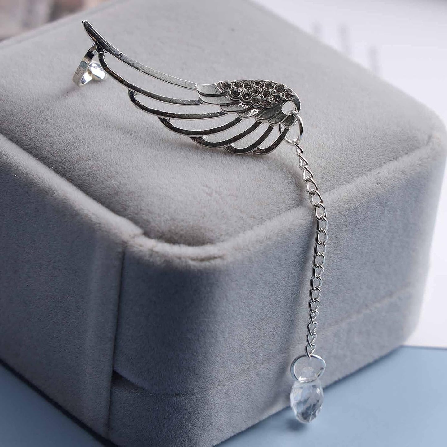 Boho Rhinestone Wing Ear Climbers Earrings Silver Crystal Drop Earring Chain Dangle Earrings Angel Wing Wrap Earrings Jewelry for Women and Girls Gifts