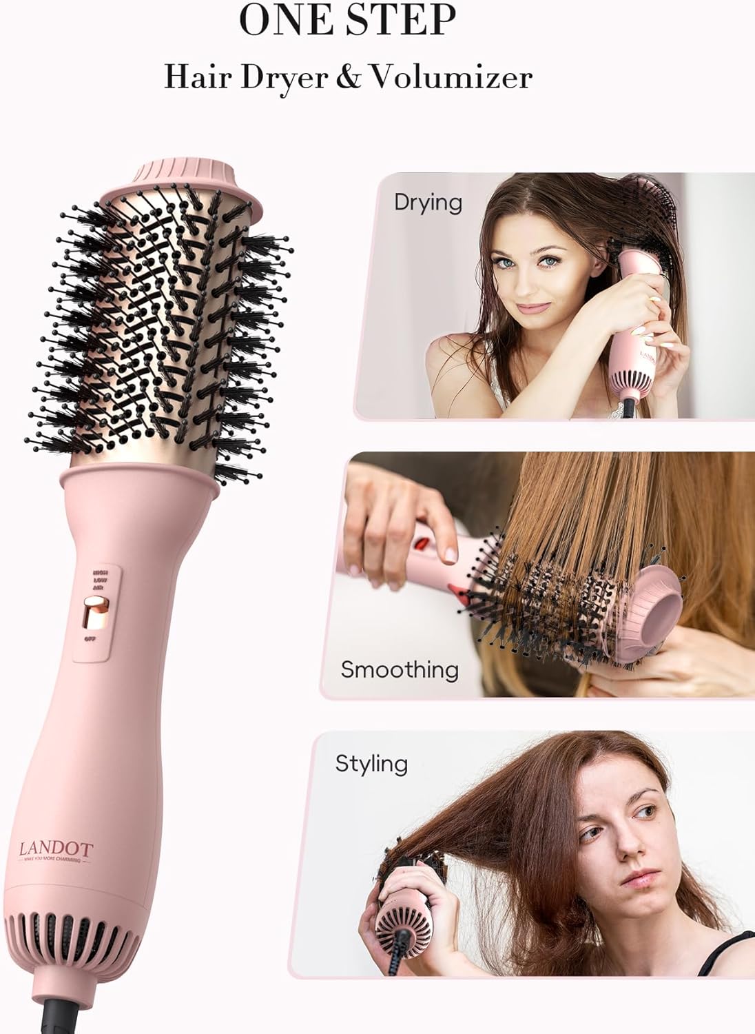 LANDOT Hair Blow Dryer Brush: One-Step Hot Air Brush with 60mm Oval Barrel - 4 in 1 HairDryer Styler and Volumizer for Drying Straightening Curling Volumizing Hair Fight Frizz and Add Volume