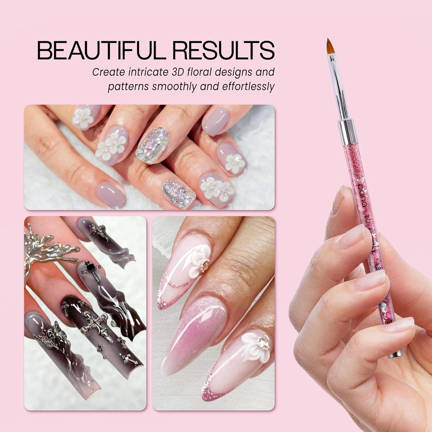 PANA 3D Kolinsky Nail Art Brush - Pink Glitter Handle, Size 4 - Acrylic Nail Art Sculpture Brush for Manicures Pedicure Salon Professional or Beginner