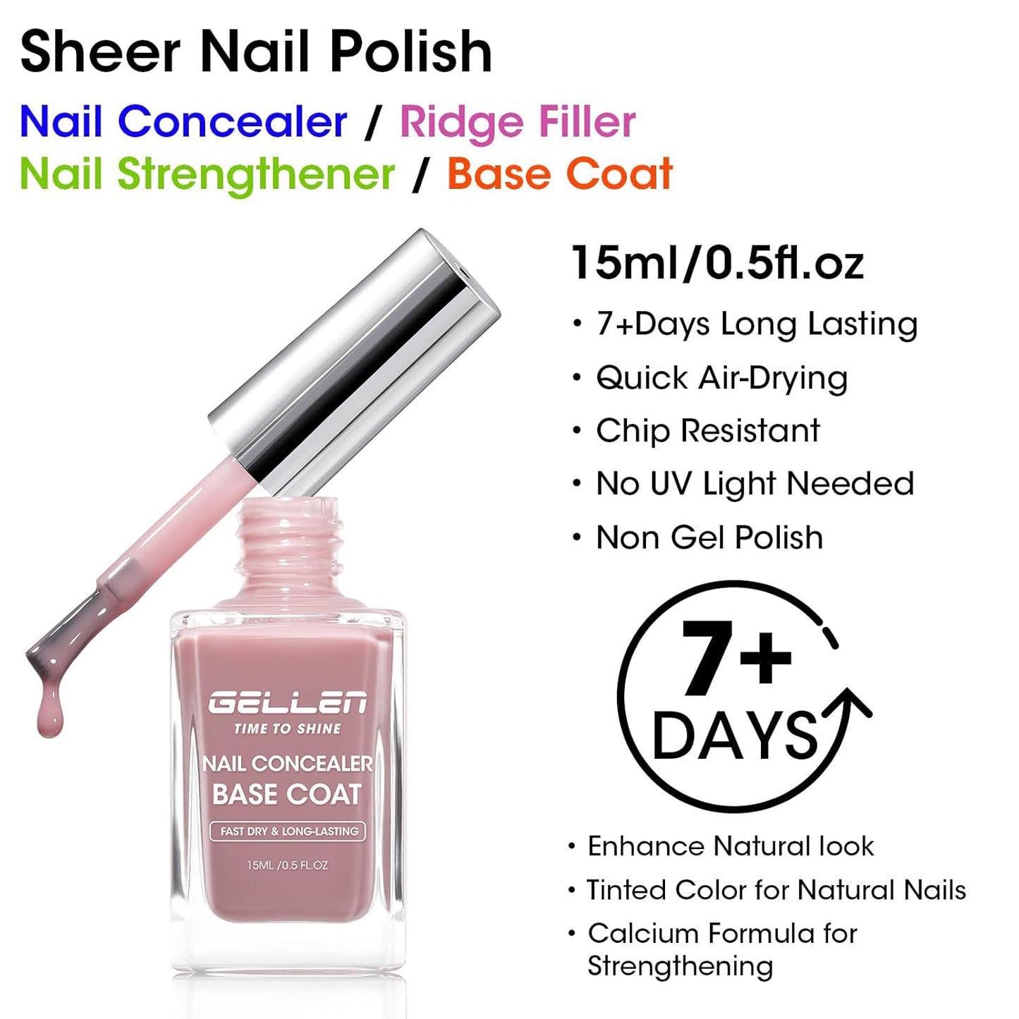 GELLEN 4-In-1 Dusty Purple Rose Illuminating Nail Concealer Base Coat Polish, Fall Sheer Mauve Nail Strengthener Ridge Filler for Nails, Smoothes Strengthens Nails, Quick Dry, Hema Free Non-toxic