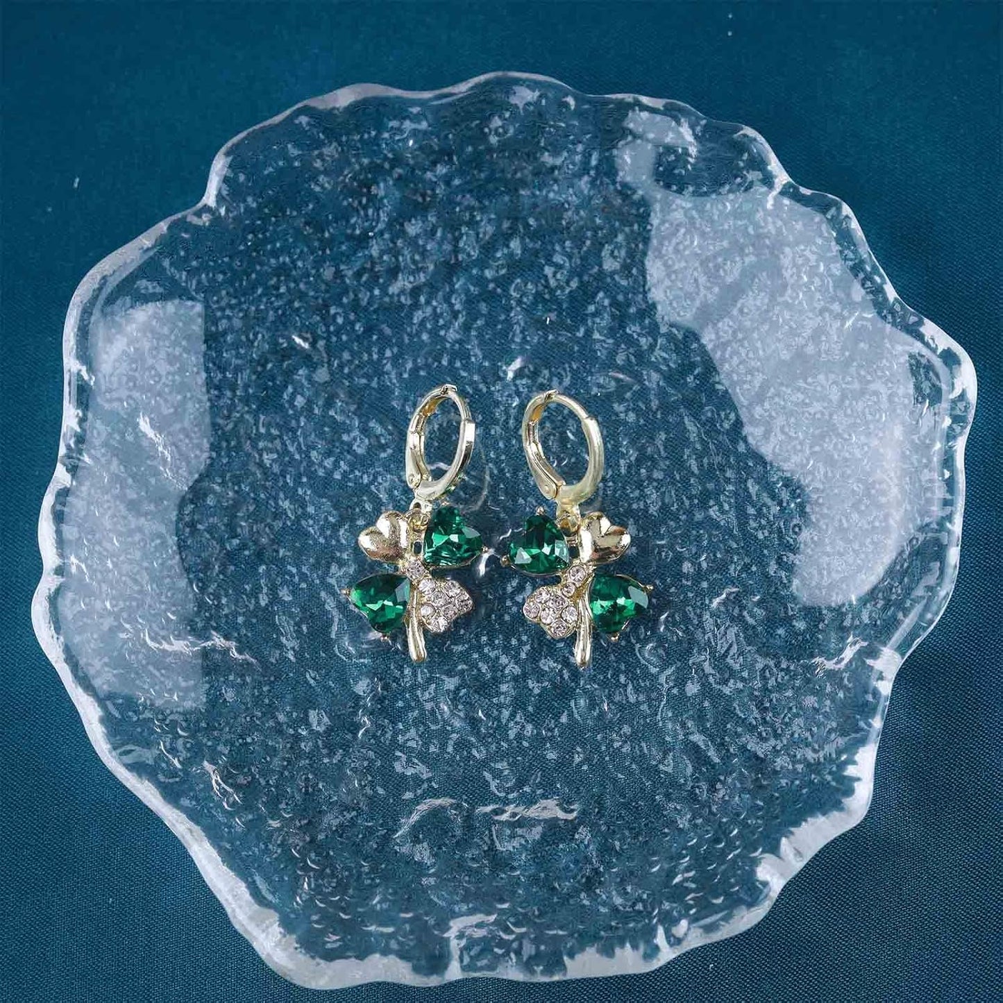 Boho Emerald Crystal Drop Earrings Green Rhinestone Flower Earrings Vintage Emerald Petal Earrings Green Cz Flower Earrings Jewelry for Women