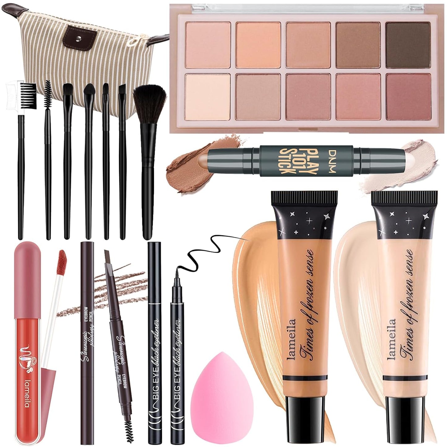 Makeup Kit For Girls Teens Women, Makeup Set, Makeup Present, Includes Eyeshadow Palette, Foundation, Eyebrow Pencil, Eyeliner, Lip Gloss, Counter Stick, Makeup Brush Set Bag & Sponge