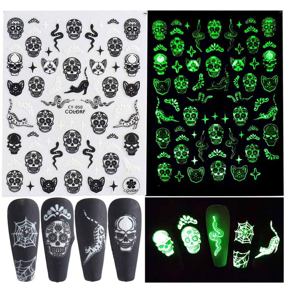 Luminous Nail Stickers - 3D Halloween Nail Art Designs - Skull, Ghost, Pumpkin, Spider, Bat Decals - Self-Adhesive, 6 Sheets