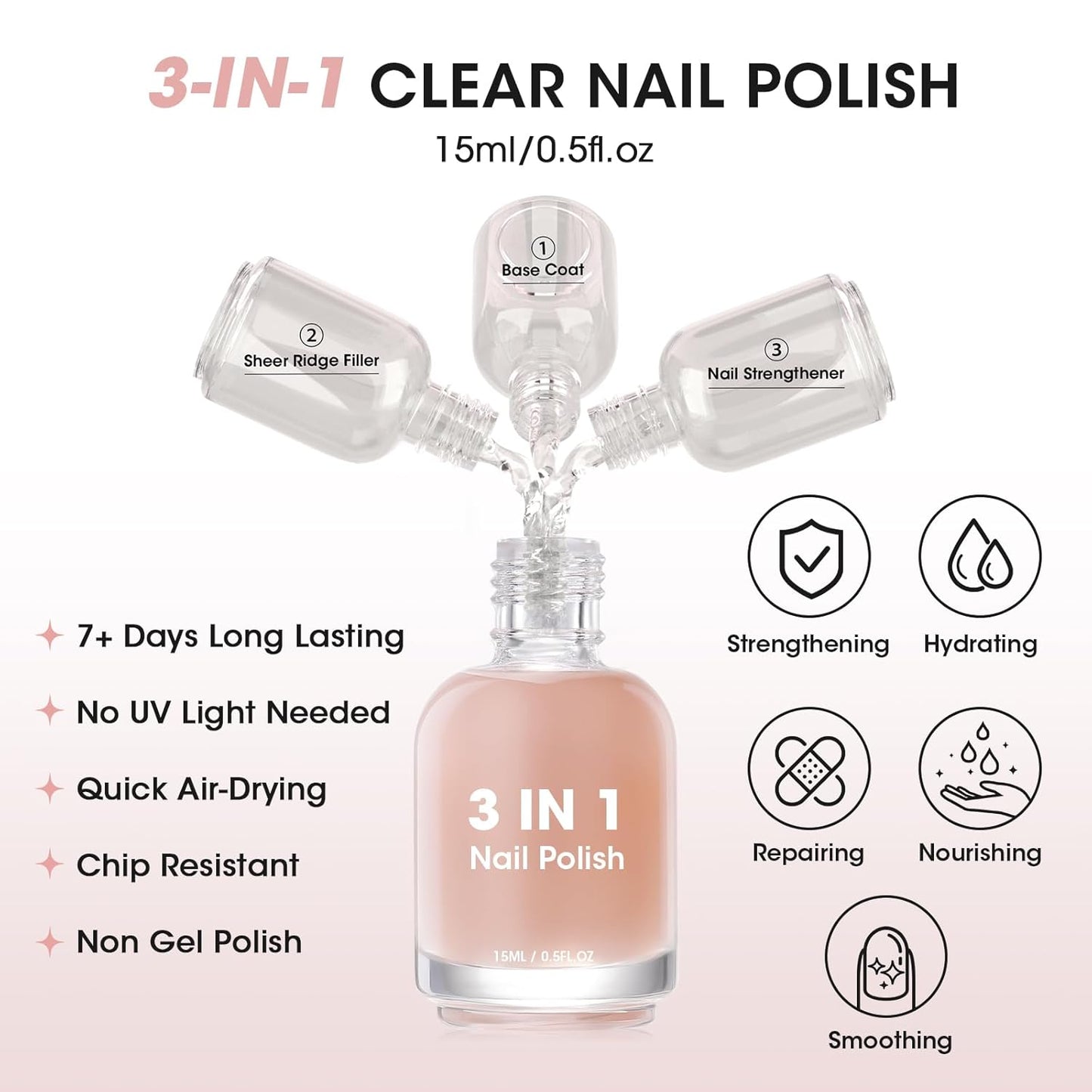 GELLEN Tinted Nude Ridge Filler For Nails, Clear Nail Polish Ridge Filling Base Coat, Nail Strengthener and Growth, Hydrates Strengthens Nourishes Damaged Dry Nails, Shea Butter & Vitamin E & Protein