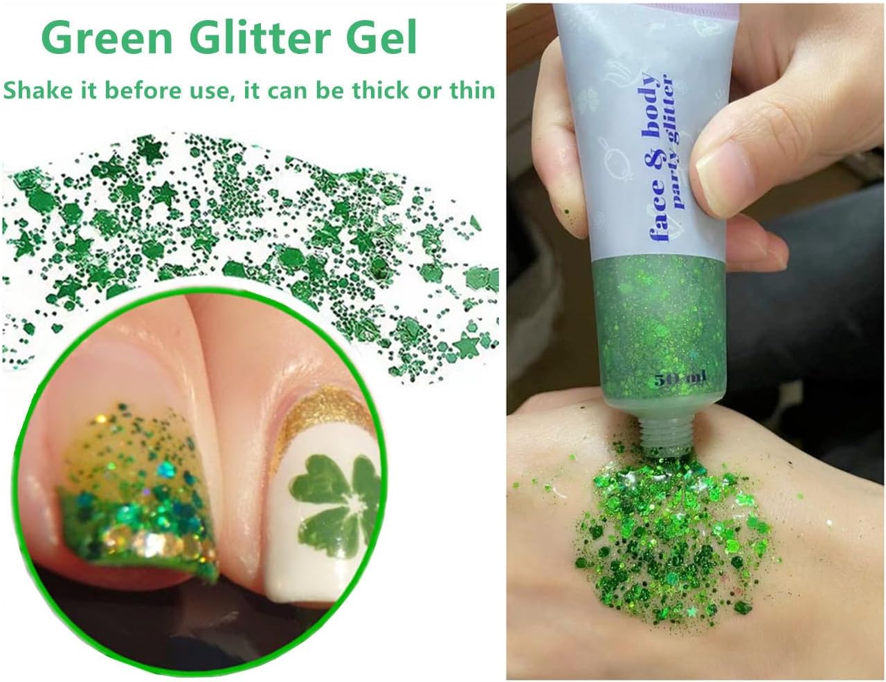 Go Ho Green Face Body Glitter,St Patricks Day Face Glitter Makeup,Green Face Paint Holographic Chunky Sequins Glitters for Eye Lip Hair Nails,Festival Rave Accessories,52g