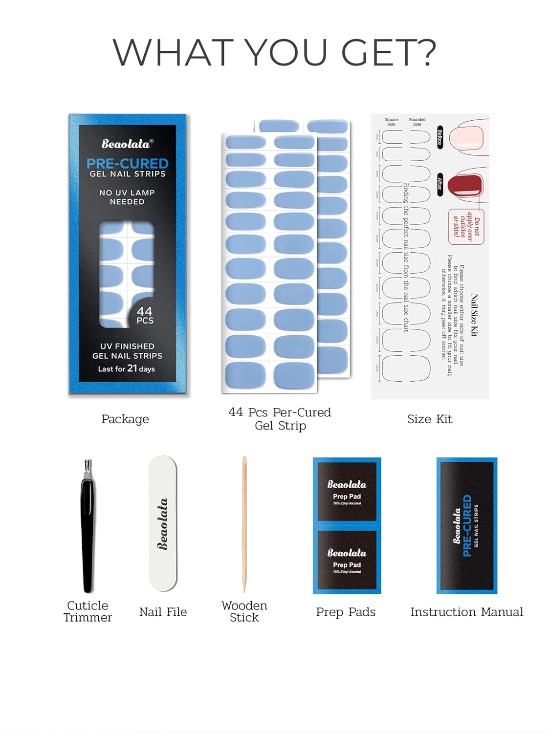 Pre Cured Gel Nail Strips - 44PCS Salon Quality Gel Nail Stickers - Long Lasting Polish Wraps for Women no UV Light Needed Easy Apply& Remove (Lily Blue)