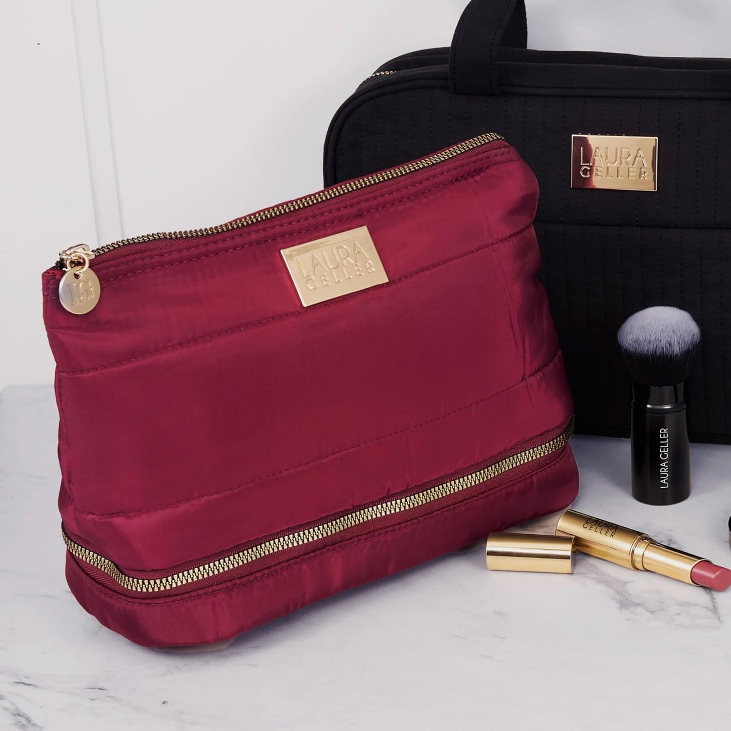 LAURA GELLER NEW YORK Quilted Makeup Bag with Brush Case, Burgundy - Toiletry Bag Organizer for Travel - Large Capacity Full Size Makeup Bag - Easy to Clean