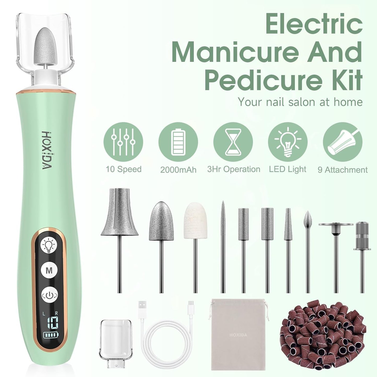 Professional Manicure Pedicure Kit with 360° LED Light&10 Speeds&Memory Mode with Case, Cordless Electric Nail Drill, Pedicure Tools for feet,Hand Foot Care Nail File for Thick Nail Toenail Cuticle