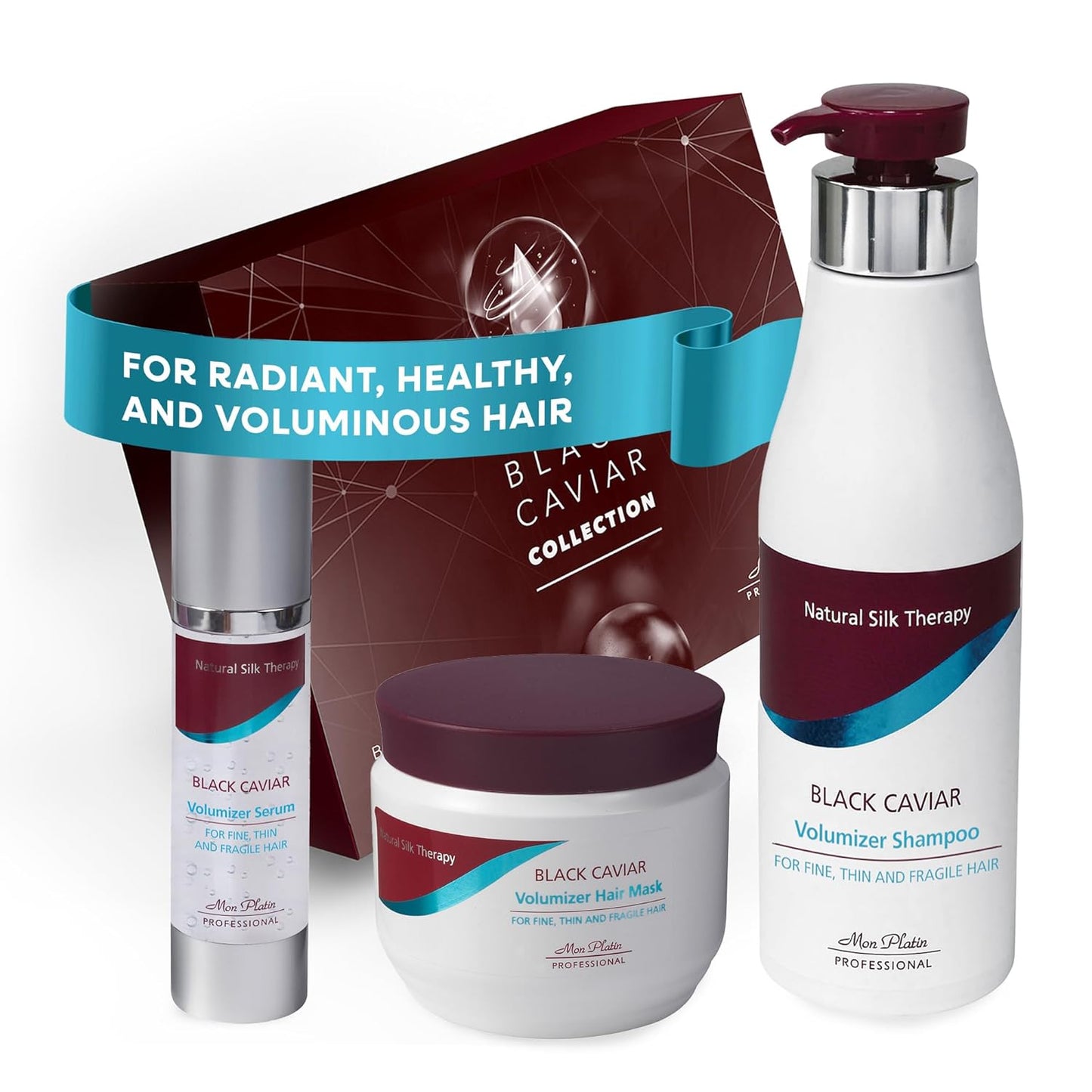Mon Platin Volumizer Hair Mask, Serum & Shampoo Bundle – Gentle, SLS-Free Formula for Fine, Fragile Hair with Black Caviar & Silk Protein to Boost Volume and Strength Naturally