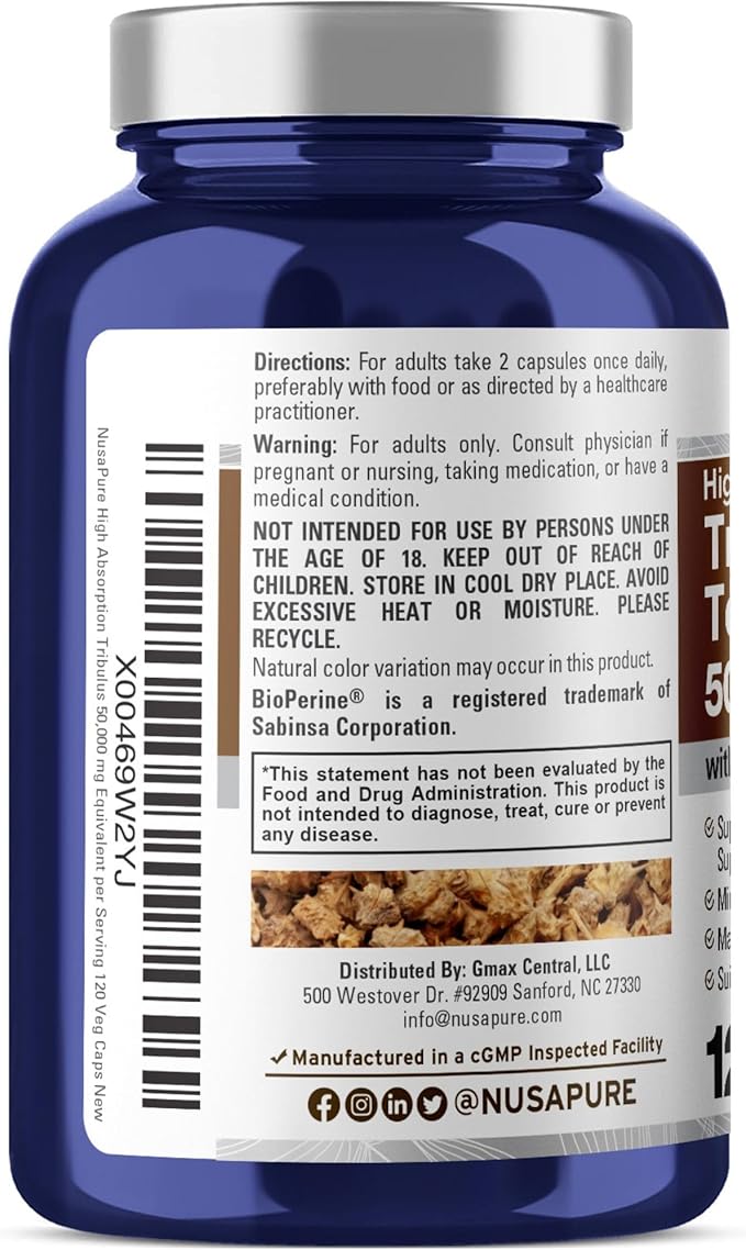 NusaPure Tribulus Terrestris 50000mg | 120 Veggie Caps | 95% Steroidal Saponins | Non-GMO, Bioperine