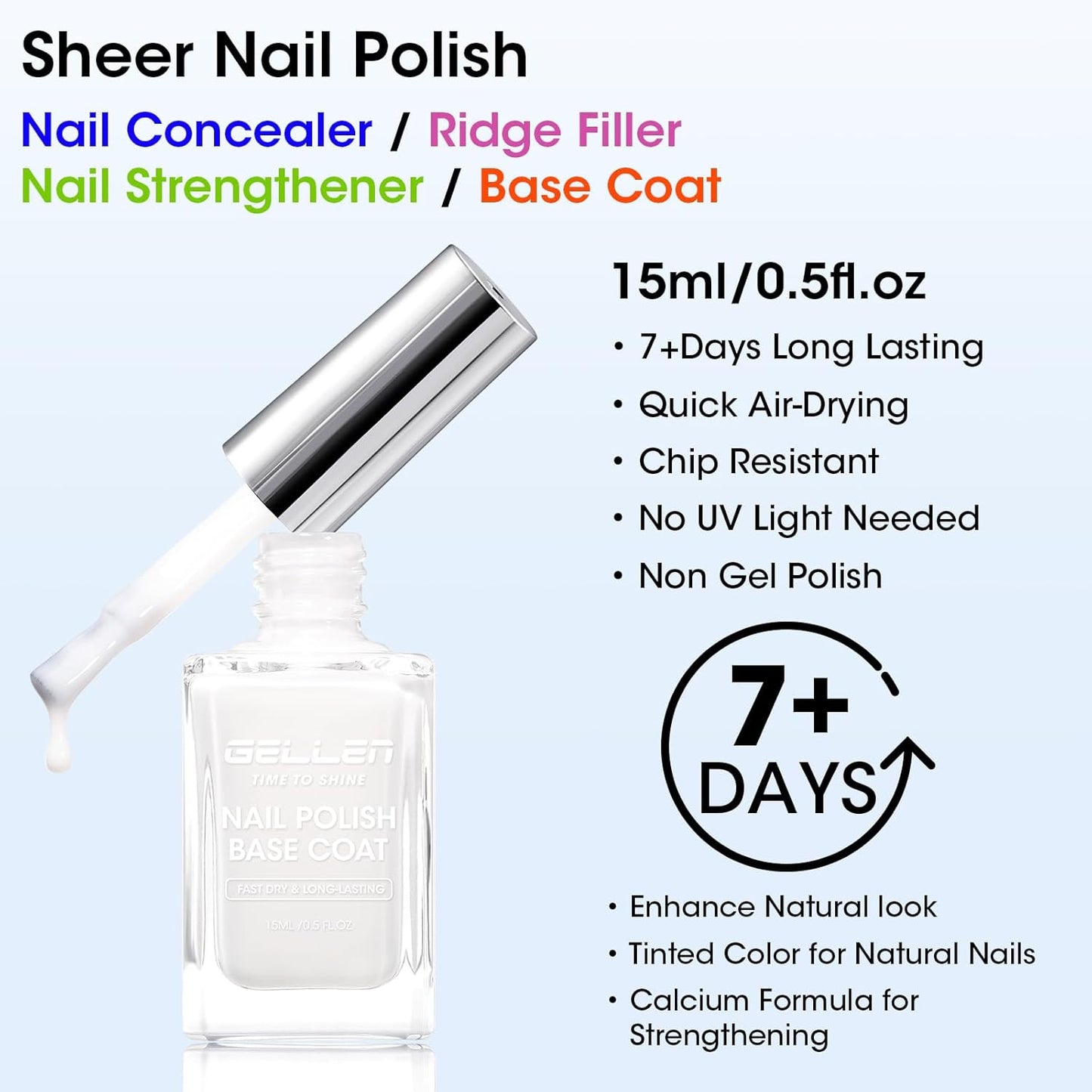 Gellen 4-In-1 Illuminating Nail Concealer Base Coat Polish Milky White, Nail Strengthener Ridge Filler For Nails, Sheer Nail Polish Smooth Strengthen Natural Nails, Quick Air Dry, Hema Free, Non-toxic