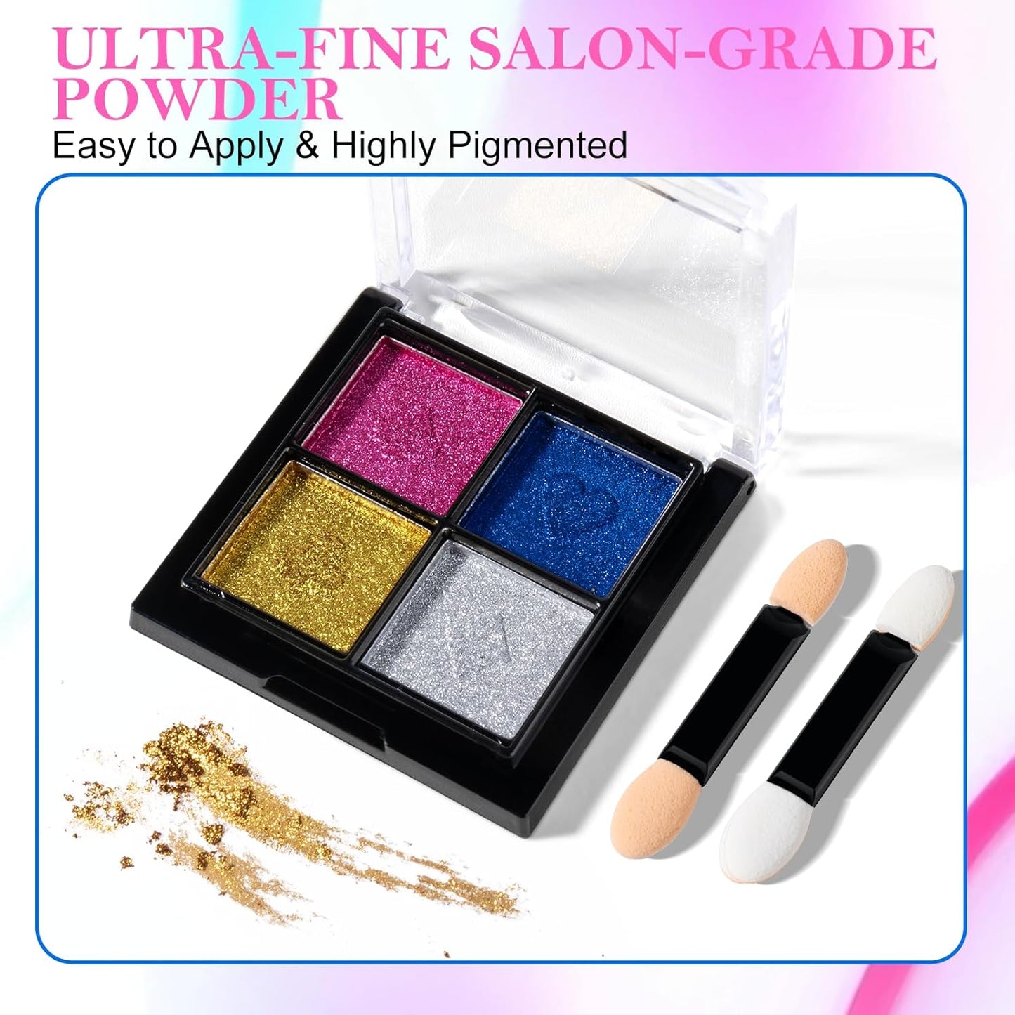 NXJ INFILILA Gold Silver Chrome Nail Powder, 4 Classic Colors Mirror Effect - Gold, Silver, Pink, Blue, Metallic Magnetic Glitter Polish Powder Pallete for Gel Nails, DIY Manicure Art Supplies Kit