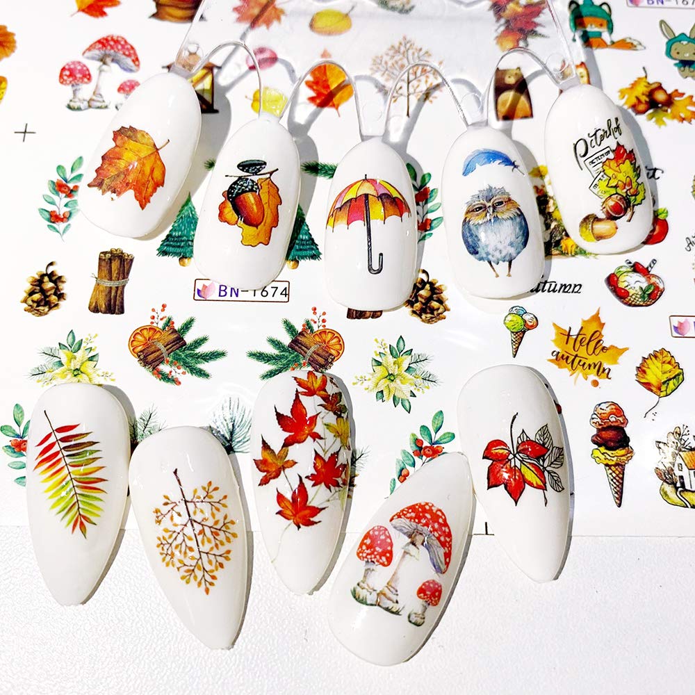Fall Nail Stickers Autumn Maple Leaf Nail Art Decals Thanksgiving Day Water Decal Transfer Slider Set Turkey Pumpkin Nail Art Foil Stickers Nail Supplies Accessories Decoration Manicure Tips 12 Design