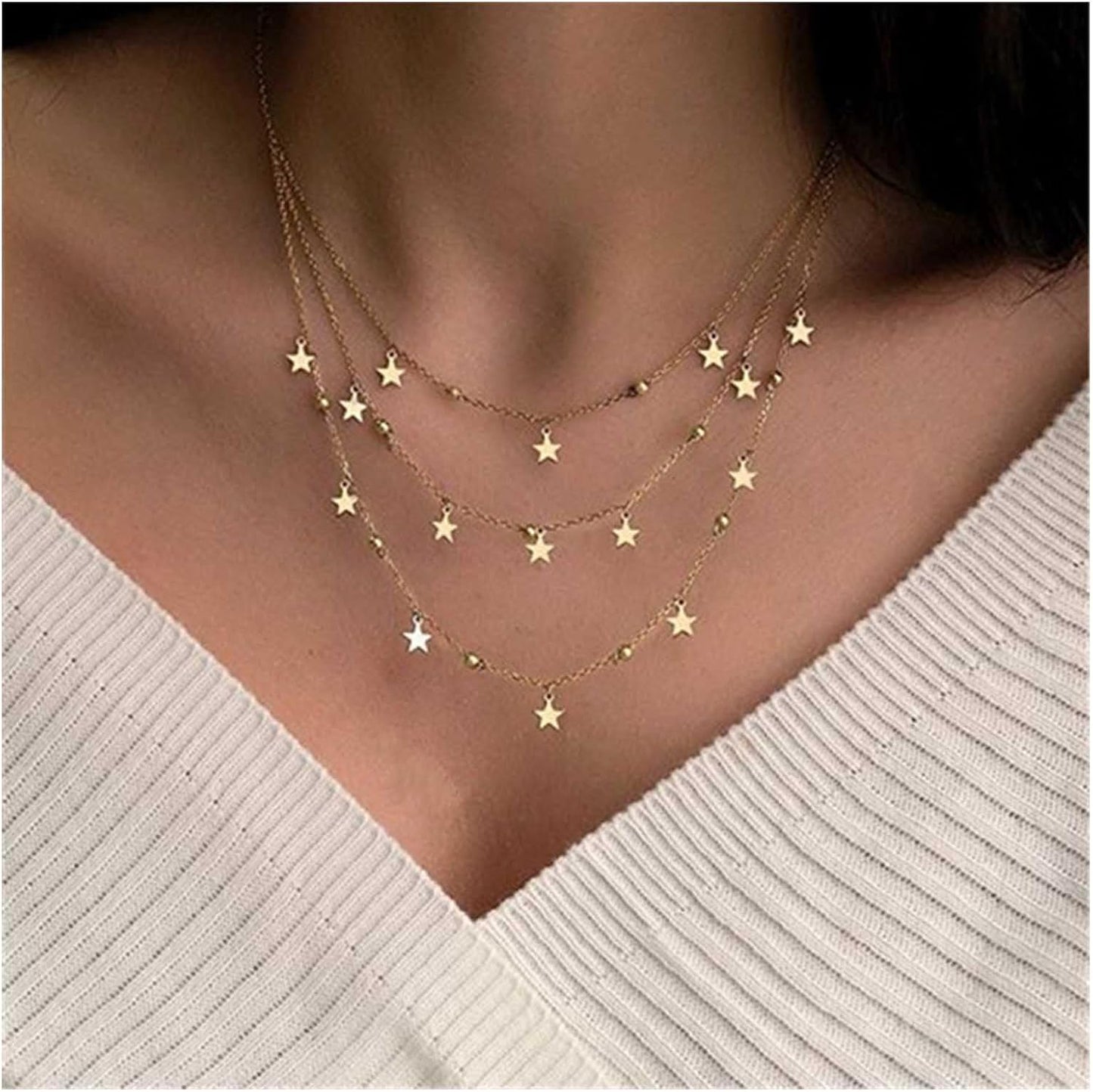 Vintage Layered Star Dangle Necklace Star Pendant Necklace Tiny Star Necklace Gold Bead Chain Necklace Jewelry for Women