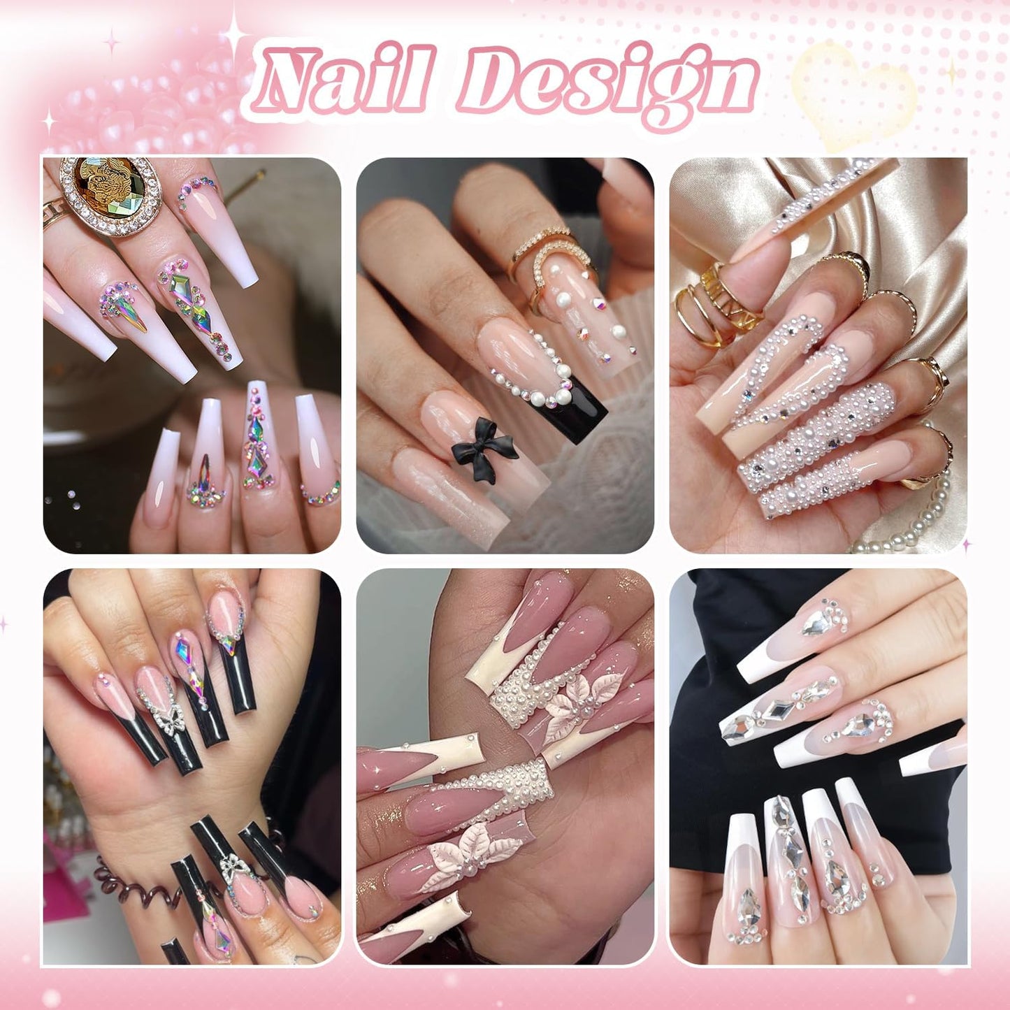 Flatback Rhinestones (Clear+AB) and Metal Steel Round Caviar Beads (Silver+Gold) with Rhinestones Glue Gel for Nail Art, Crystals Nail Charms and Caviar Beads Nail Accessories for Manicure Decor