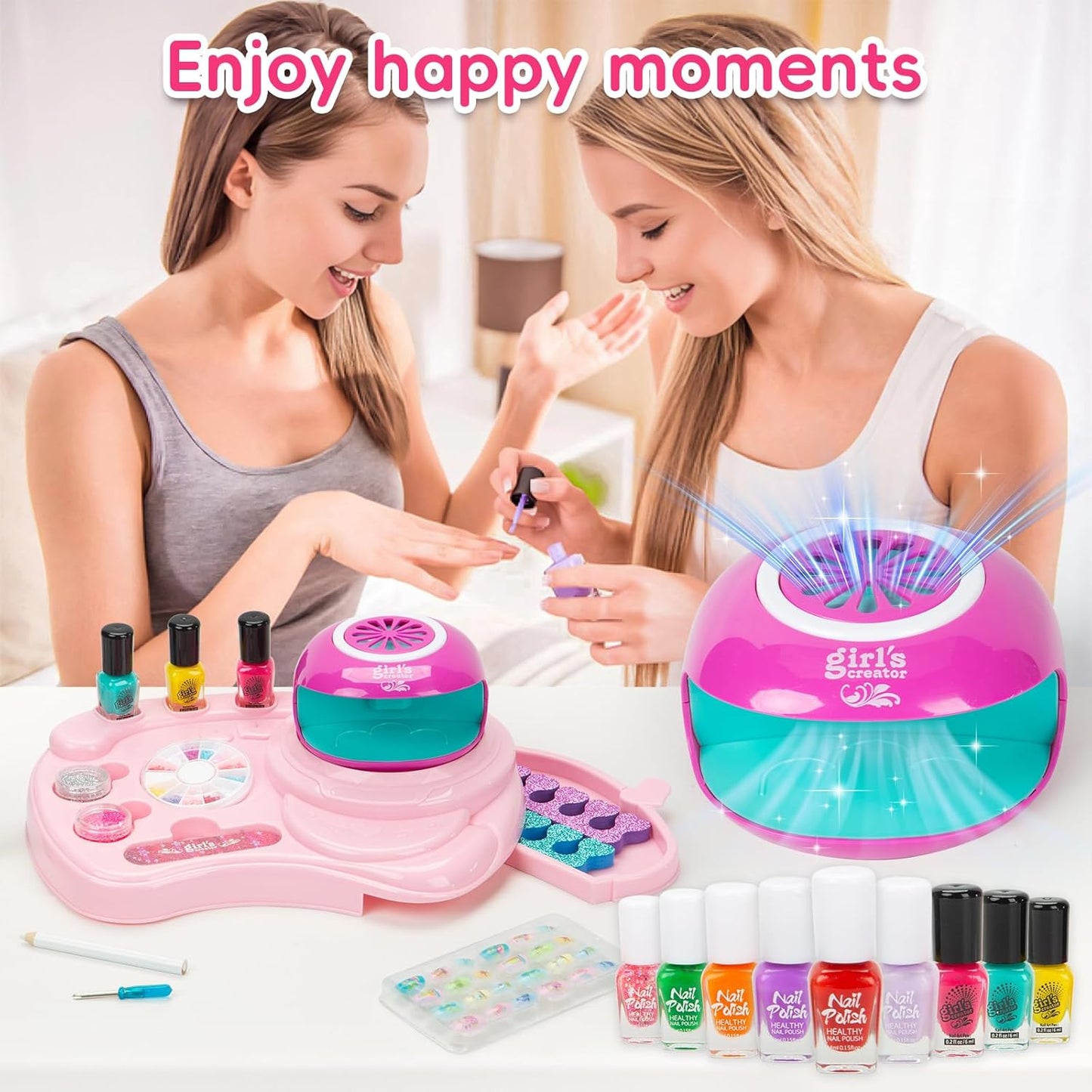 Kids Nail Polish Set for Girls, Nail Art Kit with Nail Dryer, 9 Peel Off Washable Polish, 24 Press on Fake Nails, Glitter Powder, Gifts for Girls Ages 6-12