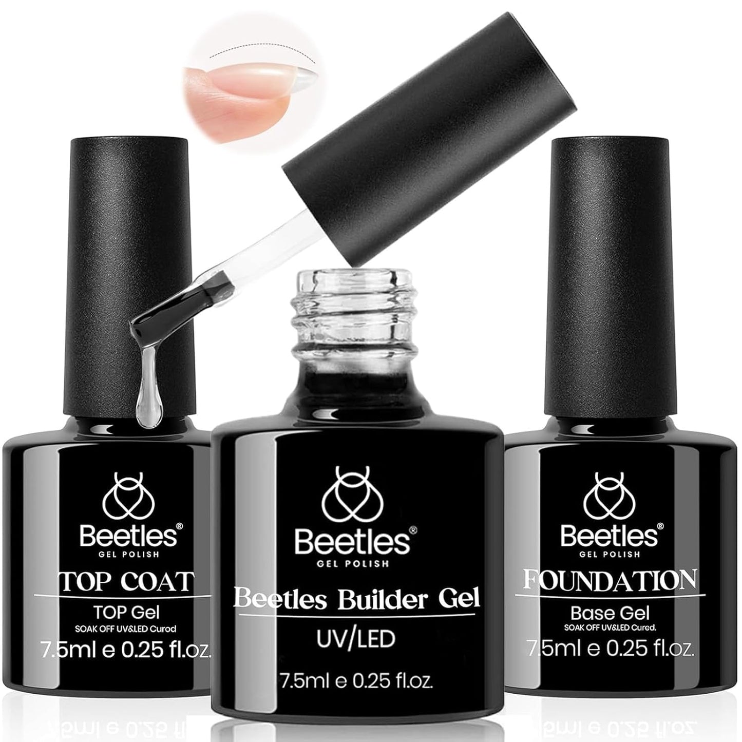 Beetles Builder Gel & Gel Base and Top Coat, 3Pcs 7.5ml Building Gel for Nails Set Shine Finish and Long Lasting, Soak Off LED Transparent Nail Strengthener Hard for Beginners DIY
