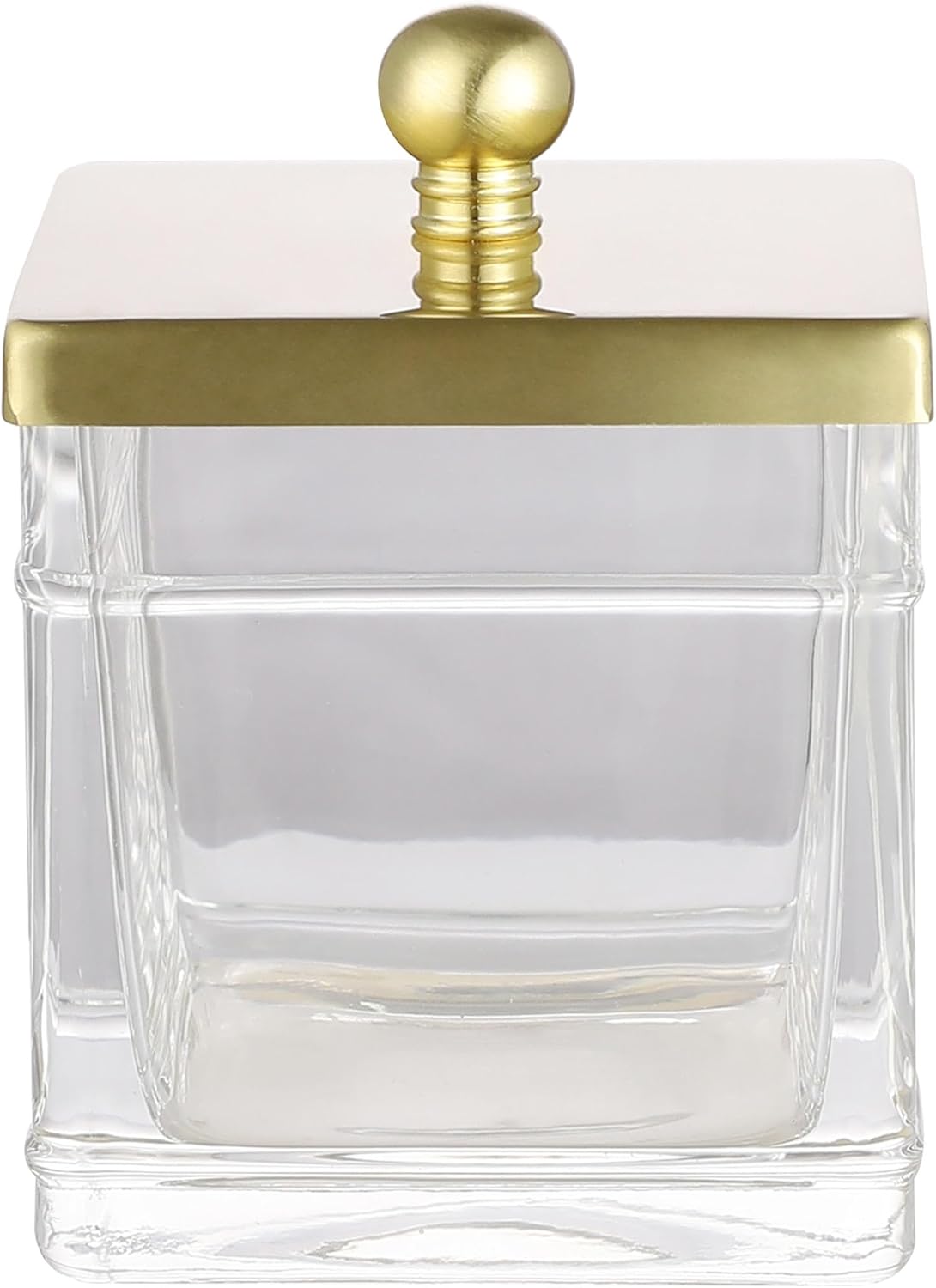 Apothecary Glass Cotton Jar Holder Brushed Gold Stainless Steel Lid, Elegant Bathroom Storage Canister for Qtips, Cotton Balls, Floss, Makeup Organizer, Vanity Bathroom Organization