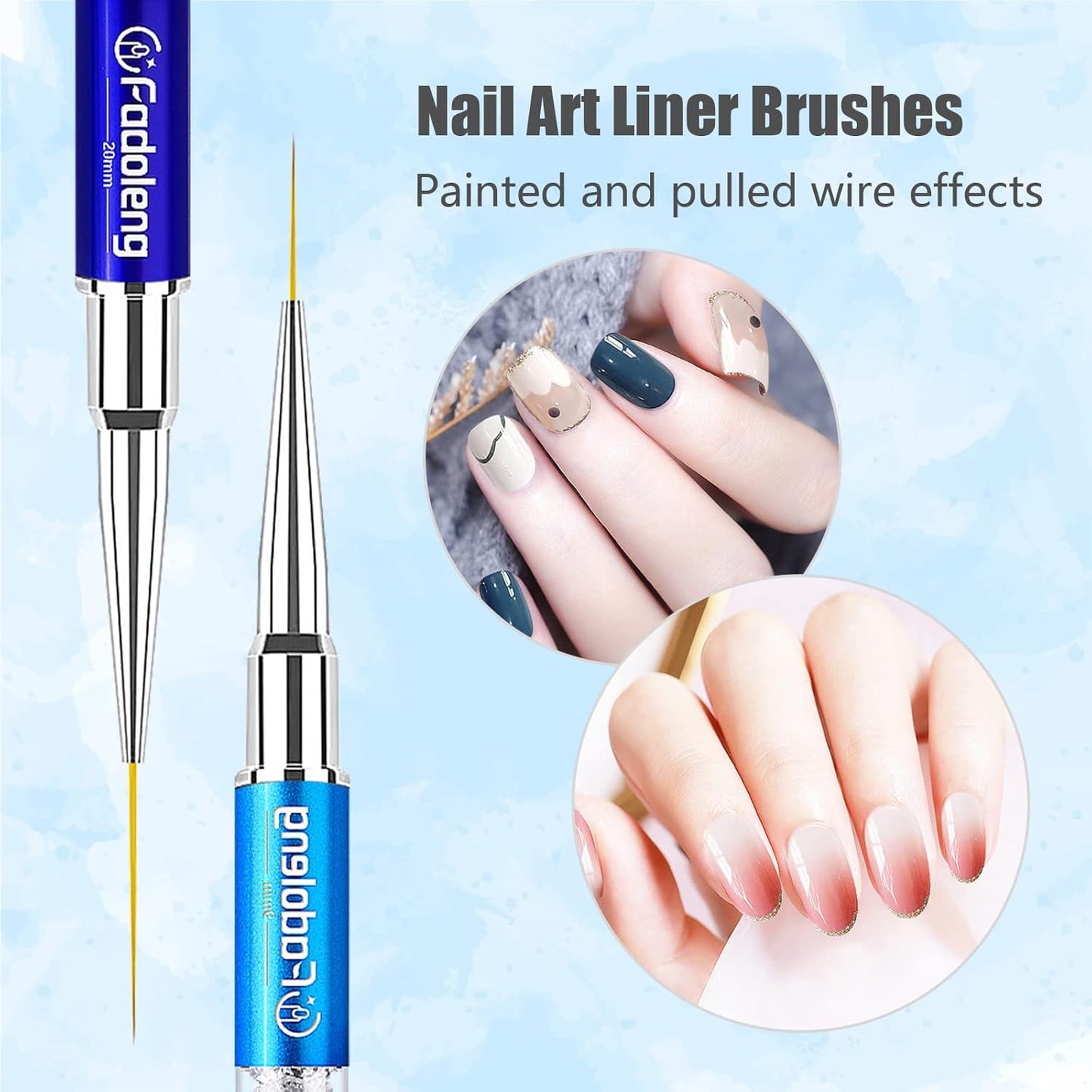 Nail Art Brushes, 7Pcs Nail Design Brushes for Salon at Home DIY Manicure with Nail Liner Brush and Double-ended Fine Nail Art Pen (7/9/11/15/20mm)