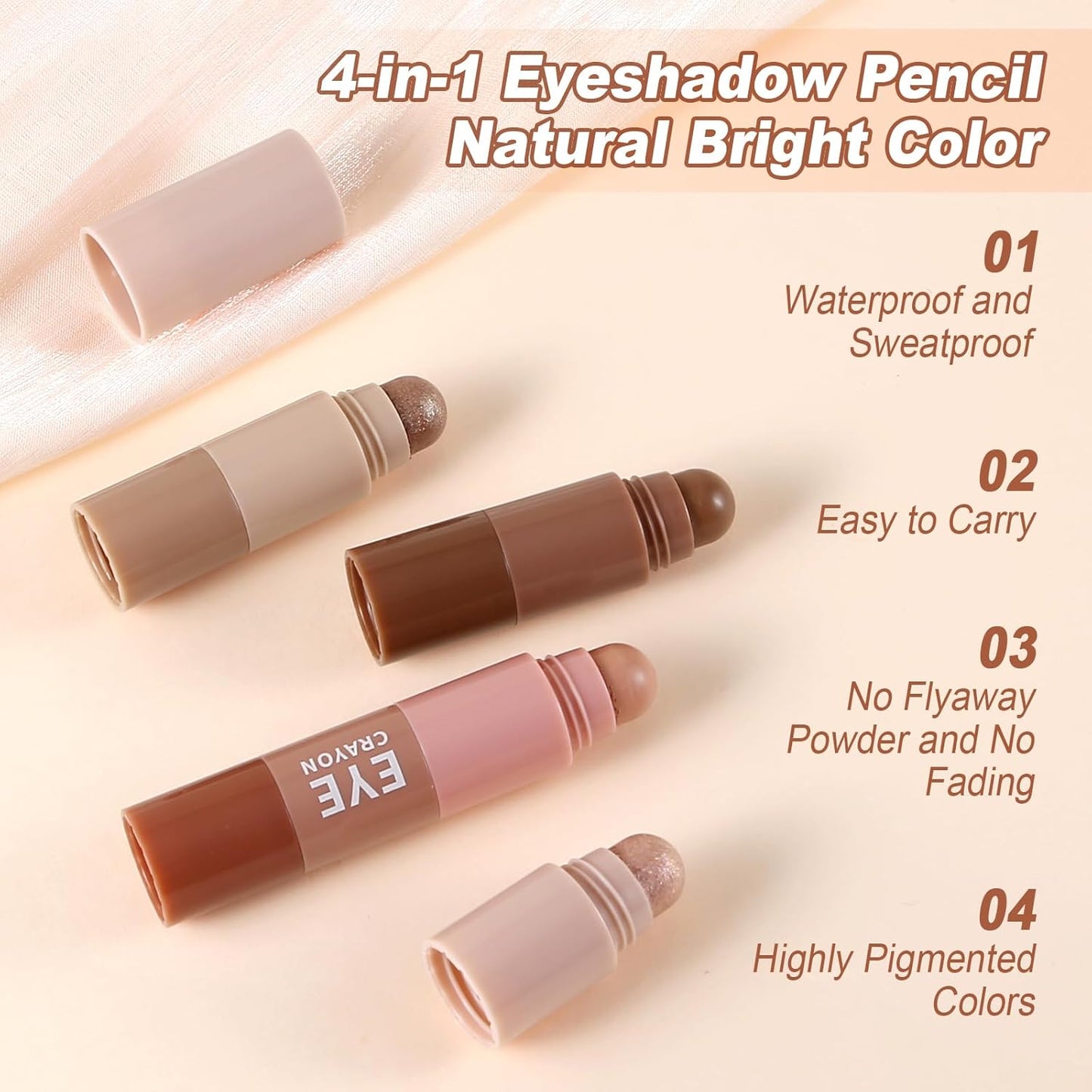 4 Color Eyeshadow Pencil，Glitter Eyeshadow Stick，Creamy Matte Eye Shadow Pen，Face & Eye Highlighter Pen，Highly Pigmented Crayon Nude Eye Shadow