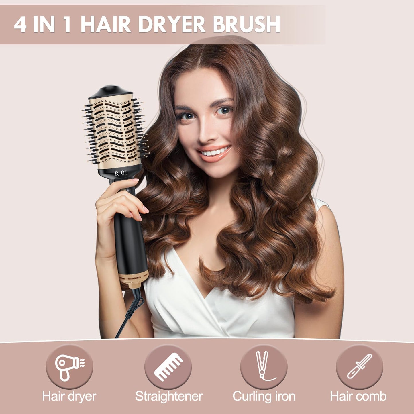 Hair Dryer Brush Blow Dryer Brush in One, 4 in 1 Hair Dryer and Styler Volumizer with Oval Barrel, Professional Salon Hot Air Brush for All Hair Types, Gold