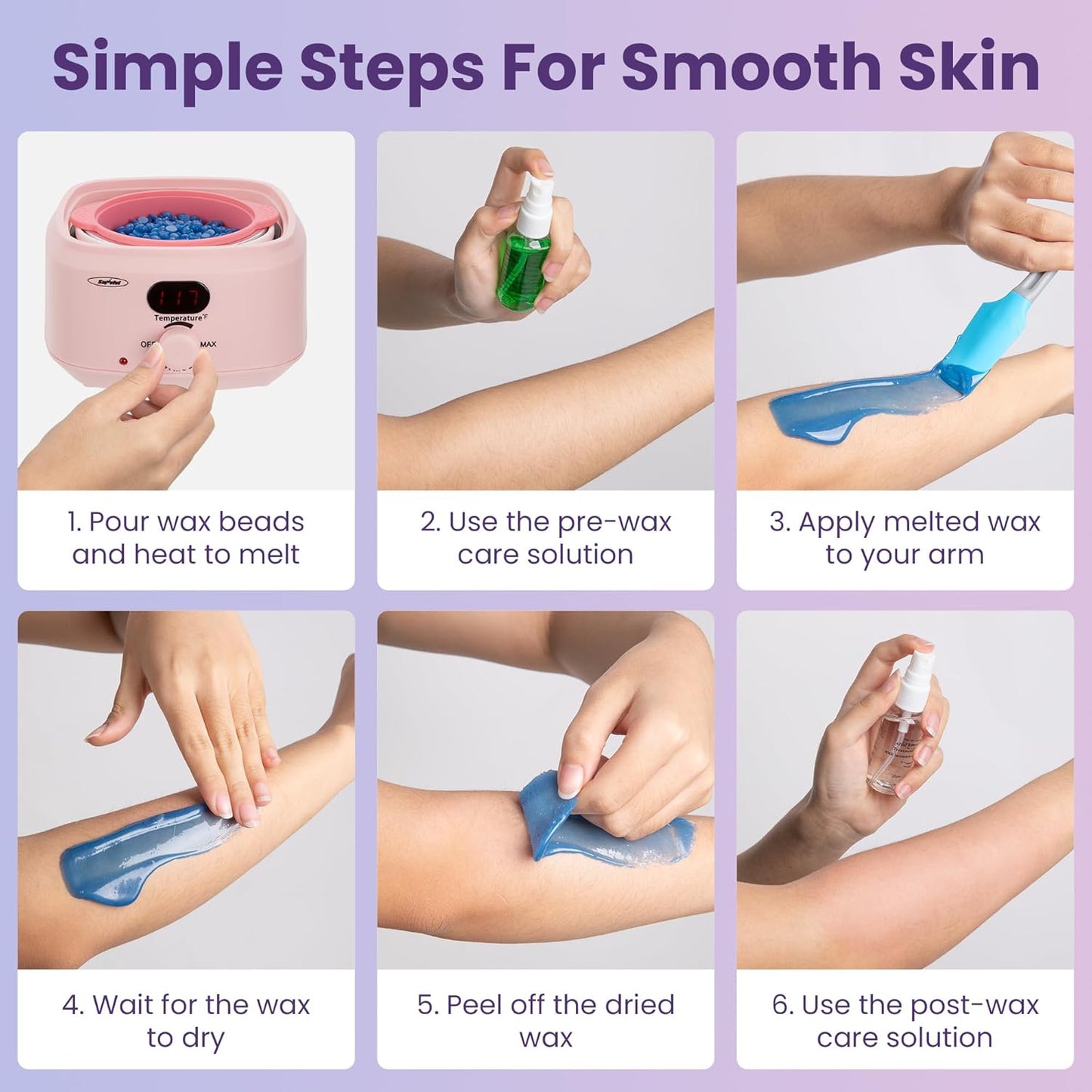 Sunvivi Wax Kit Digital Hair Removal Waxing Kit for Women & Men, Hot Wax Warmer Pot with 5 Bag Hard Wax Beads, Wax Melt Warmer Kit for Full Body, Legs, Face, Bikini,Sensitive skin, Pink