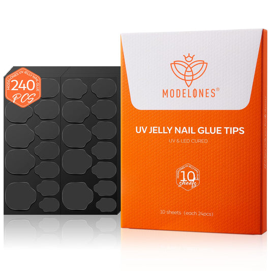 modelones Nail Adhesive Tabs 240pcs - UV Jelly Nail Glue Stickers for Press on Waterproof Breathable Double Sided Sticky Tabs Need Curing 10 Sheet 12 Sizes