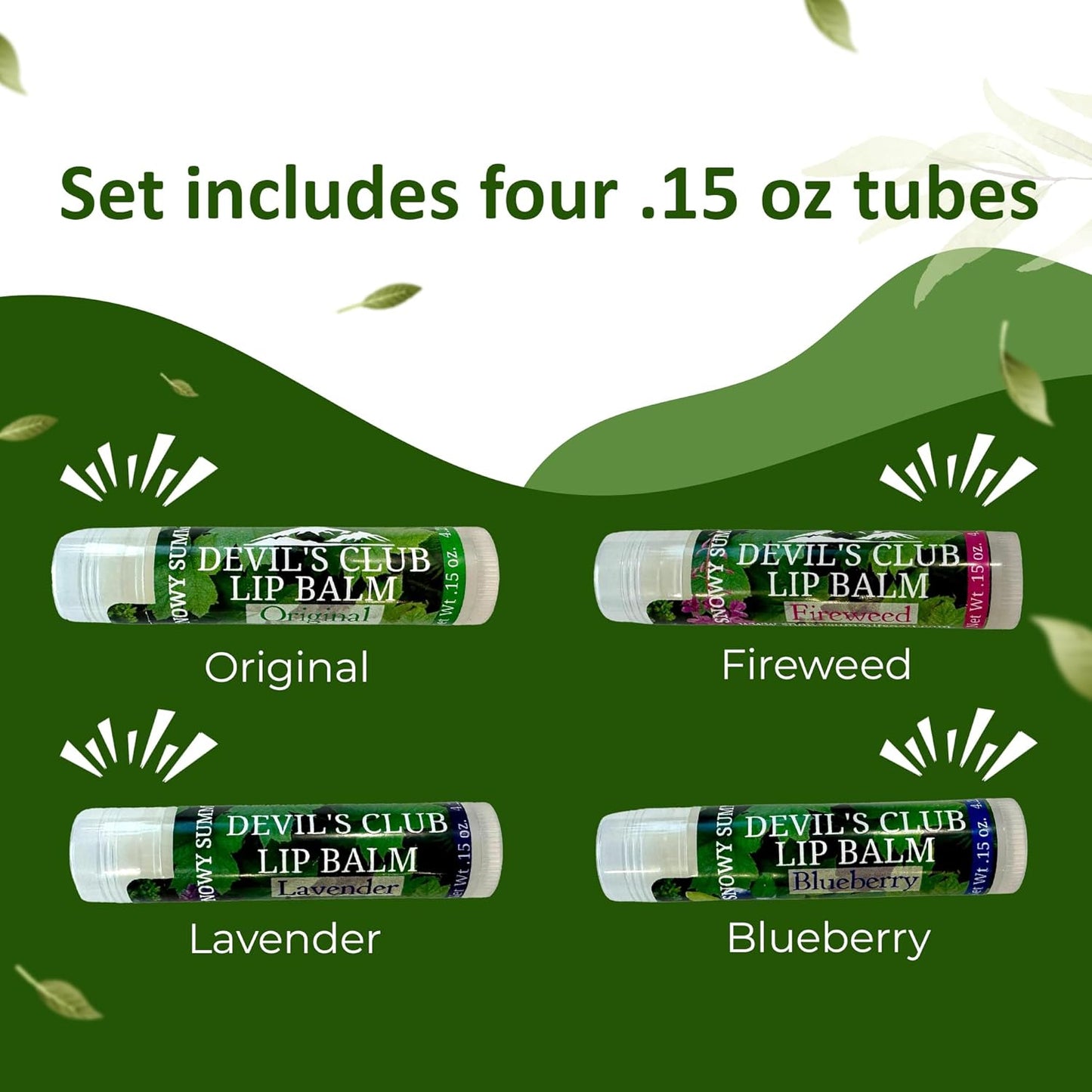 Devil's Club Lip Balm Set - Contains Fireweed, Lavender, Blueberry - Natural Moisturizing Chapstick with Vitamin E - Handcrafted in Alaska - 4 x .15 oz Tubes for Soft, Smooth Lips