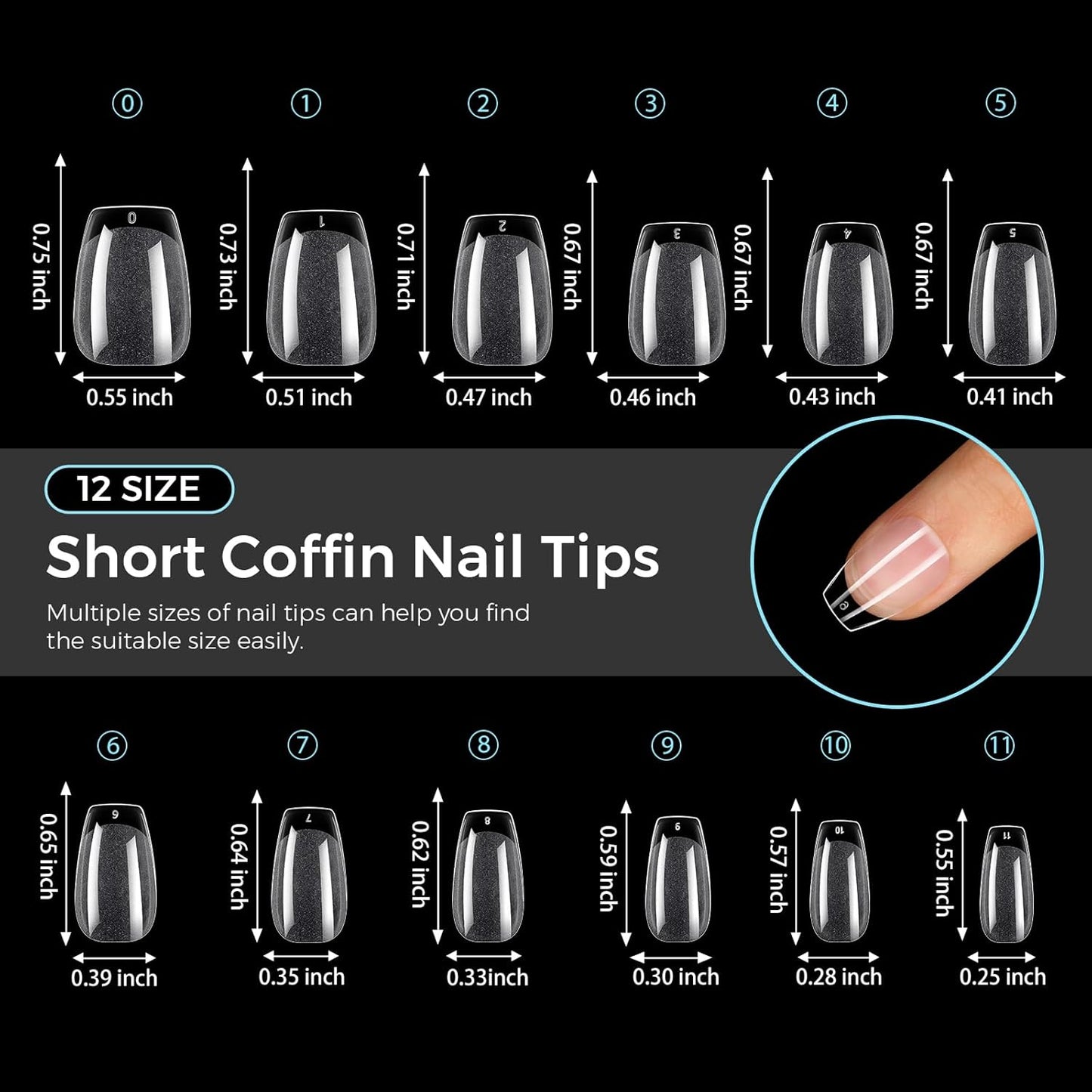 TOMICCA Short Coffin Nail Tips Acrylic Nails 240Pcs Acrylic Nail Kit Gel Nail Tips Pre-shape Clear Nails for Beginner and Professional DIY Salon 12 Sizes