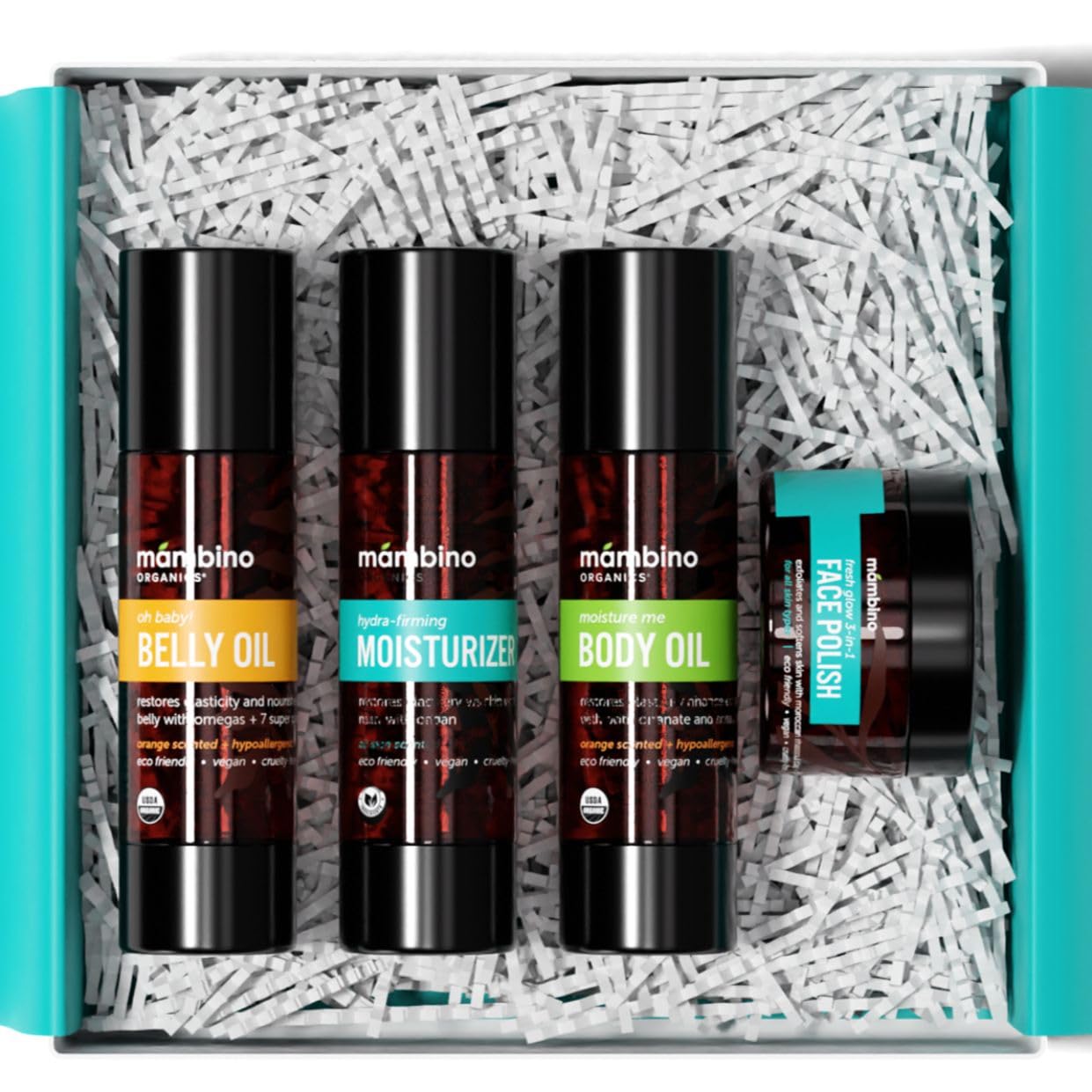 Second Trimester Set – All Natural Skincare Pregancy Gift Box – Anti-stretch mark Belly Oil, Moisturizing Body Oil, Face Polish, Face Moisturizer - Mambino Organics