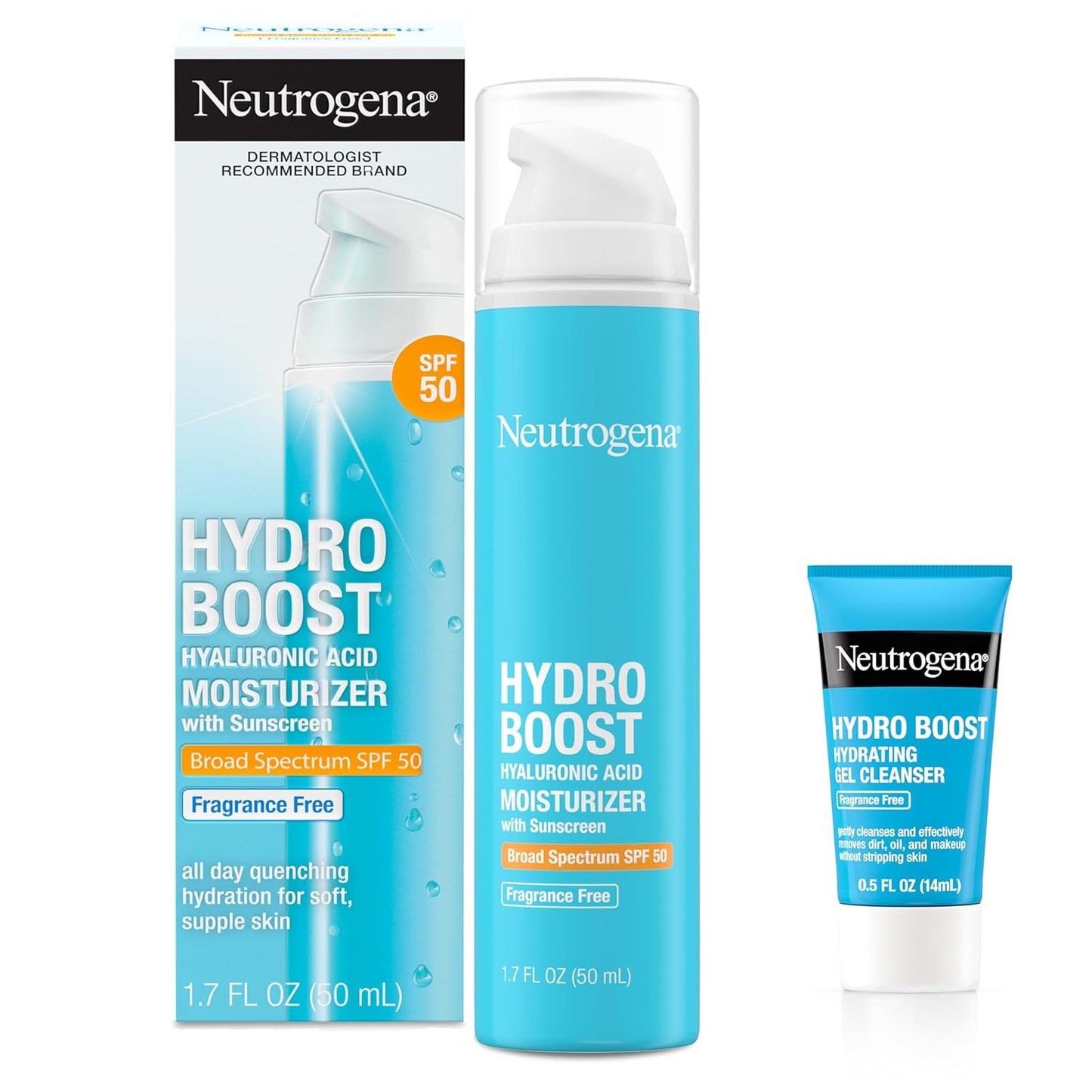 Neutrogena Hydro Boost Hyaluronic Acid Hydrating Face Moisturizer With SPF 50, Fragrance Free Facial Moisturizer, 1.7 fl. oz, & Trial Size Hydro Boost Facial Cleanser, 0.5 fl. oz