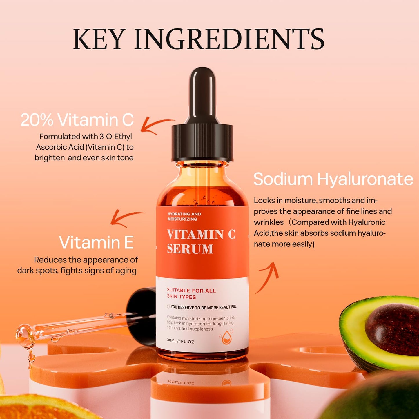 Vitamin C Serum For Face-Anti Aging & Wrinkle Facial Serum With Vitamin C,Sodium Hyaluronate,Vitamin E And More,Skin Brightening Serum For Dark Spots,Fine Lines & Dull Skin,1 Fl Oz