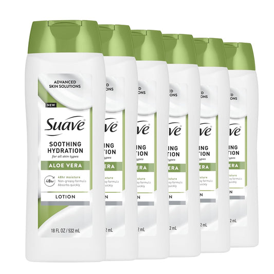 Suave Soothing Hydration Hand & Body Lotion With Aloe Vera Refreshes Dry Skin, Fast Absorbing, Intensive Moisturizing Cream For Women, Non Greasy, Allergen Free, 18 FL OZ, 6 Pack