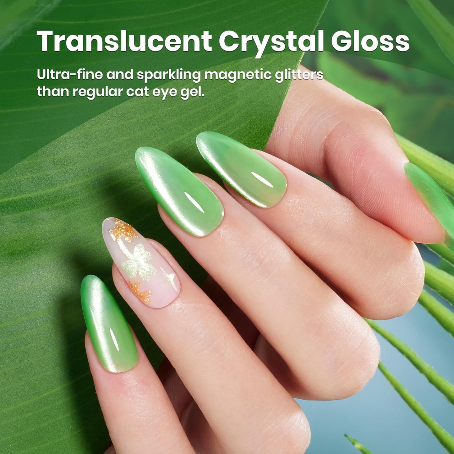 Beetles Green Cat Eye Gel Polish, 15ML Light Green Glass Cat Eye Glitter Gel Polish with Magnet Shimmer Translucent Sheer Color Soak Off UV Lunar Gleam Series French Nail Art Gift for Women