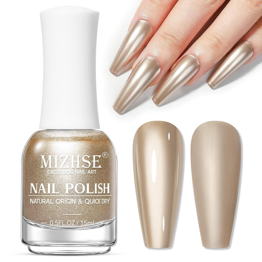 MIZHSE Champagne Mirror Nail Polish, Quick Dry Metallic Nail Polish, Air Dry Fast Chrome Nail Lacquer Bright Color Oil-based Nail Art Manicure DIY Home
