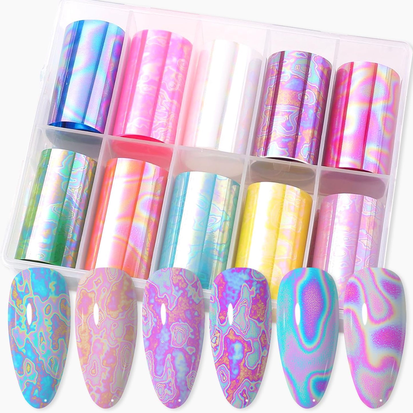 JERCLITY 10 Rolls Aurora Iridescence Nail Foil Transfer Sticker Kit Holographic Decals Laser Nail Foil Transfer Stickers Wraps