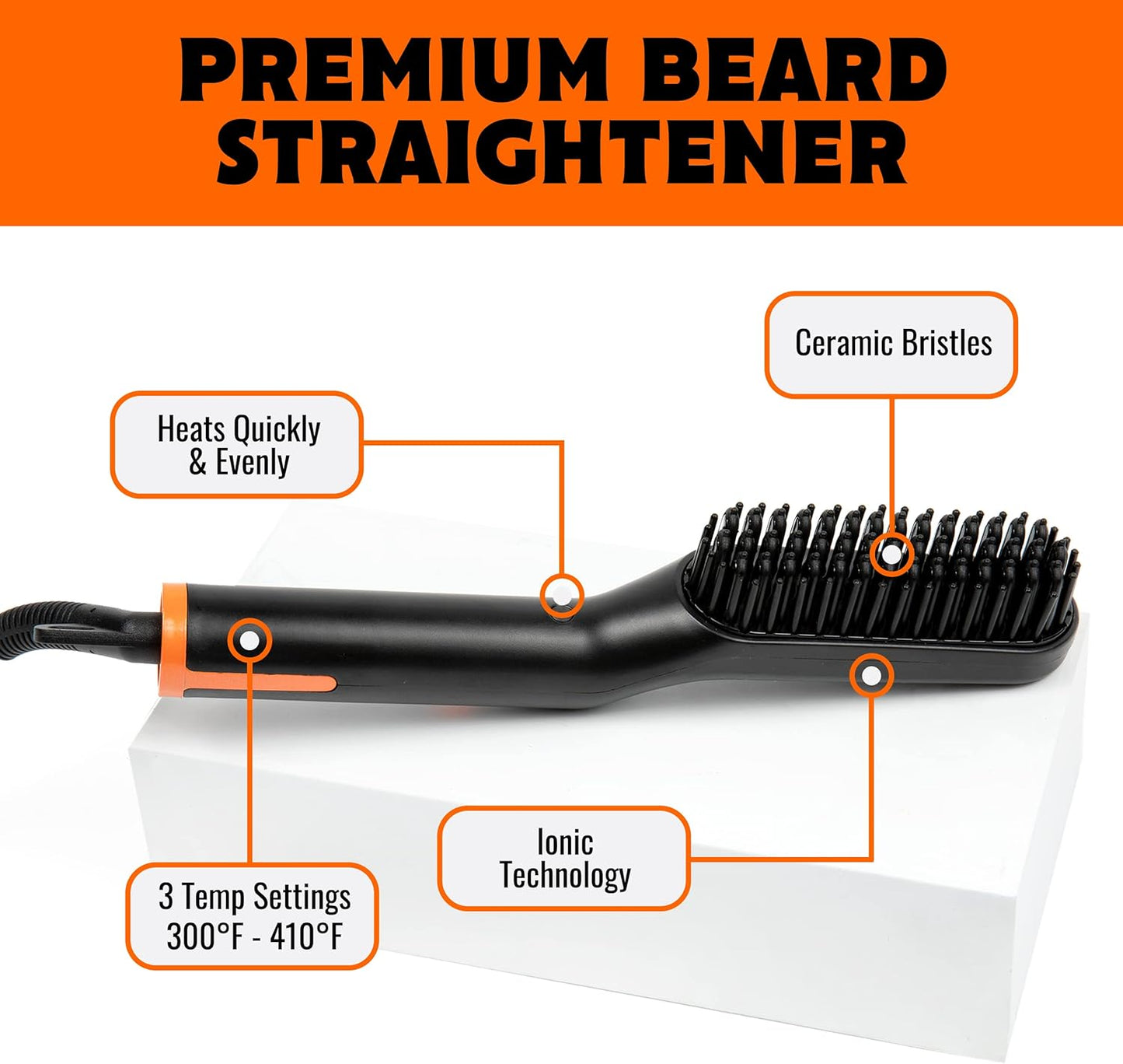 TAME The Wild Beard Brush and Beard Straightener for Men - Ionic Heated Comb with 3 Adjustable Temps - Wooden Beard Comb for Grooming - Anti-Scald Safety - for All Hair Types
