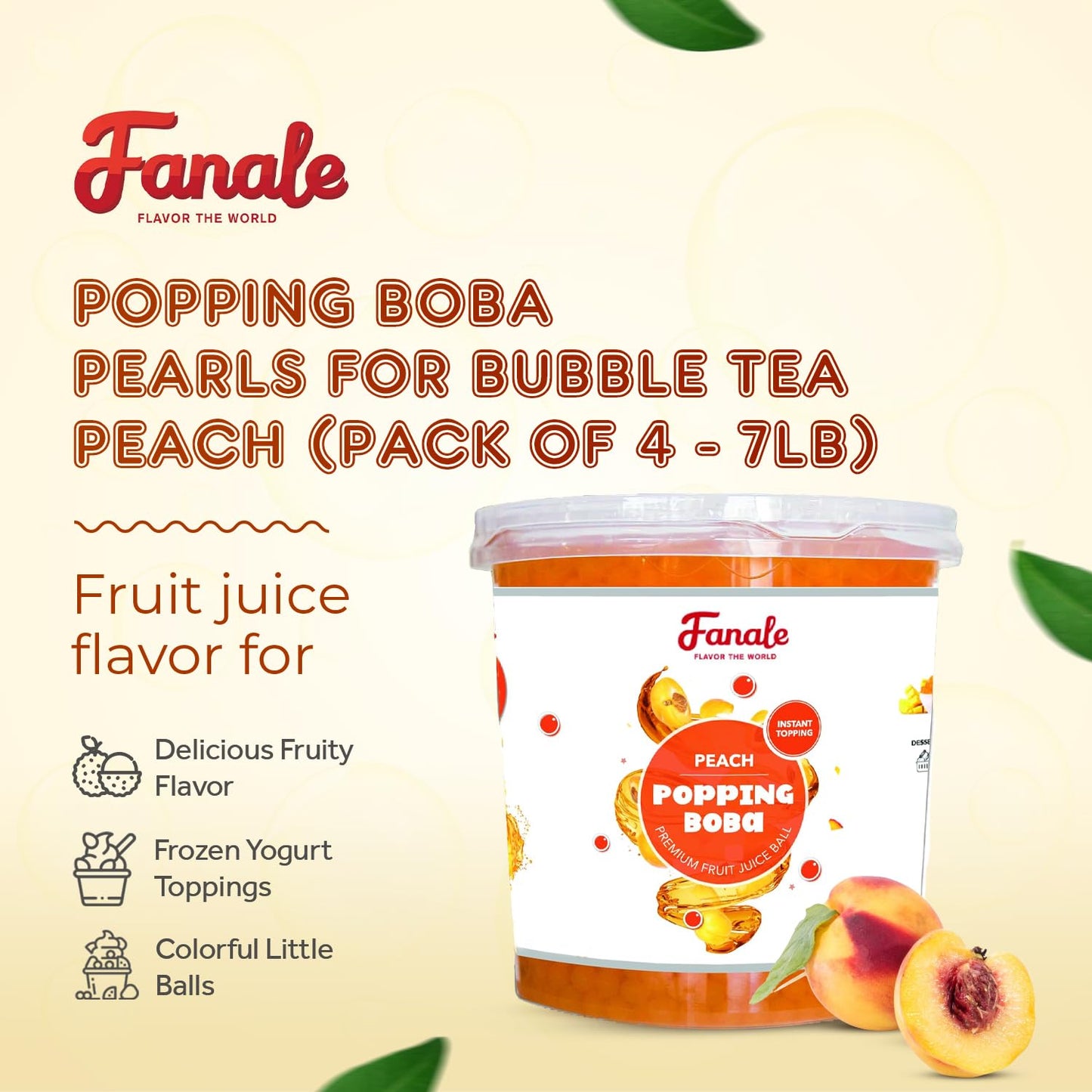 Fanale Peach Popping Boba Pearls, Vegan, Non GMO, Gluten Free, Fat Free, Perfect for Bubble Tea, Smoothies, Ice Cream, Desserts, and Beverages.