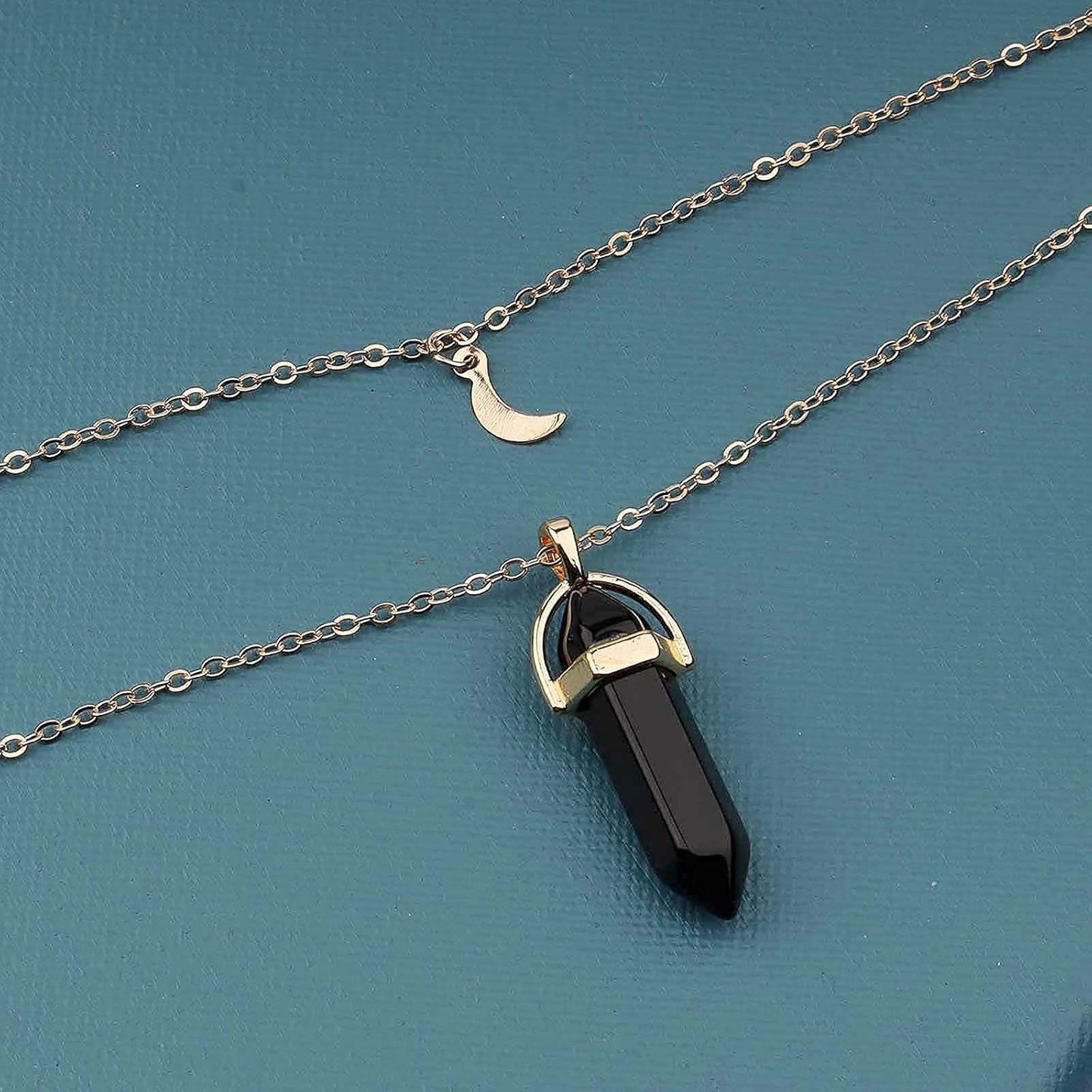 Boho Layered Moonstone Necklace Chain Gold Moon Pendant Necklace Black Hexagonal Stone Necklace Jewelry for Women