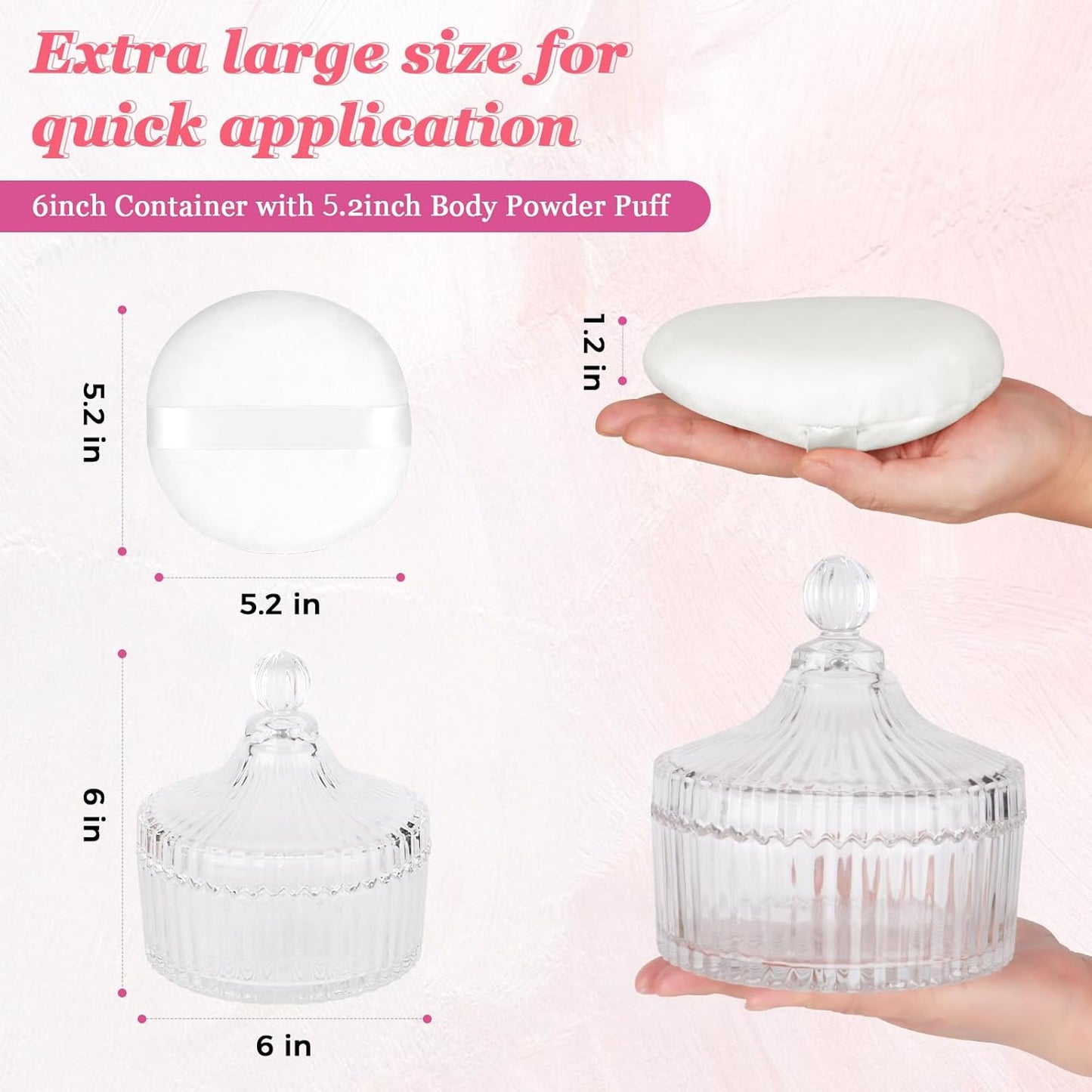 2Pcs Extra Large Body Powder Puff & Luxury 6" Glass Jar Dusting Powder Container with Puff for Women Bath Powder Puffs Perfect for Talcum or Loose Powder (White)